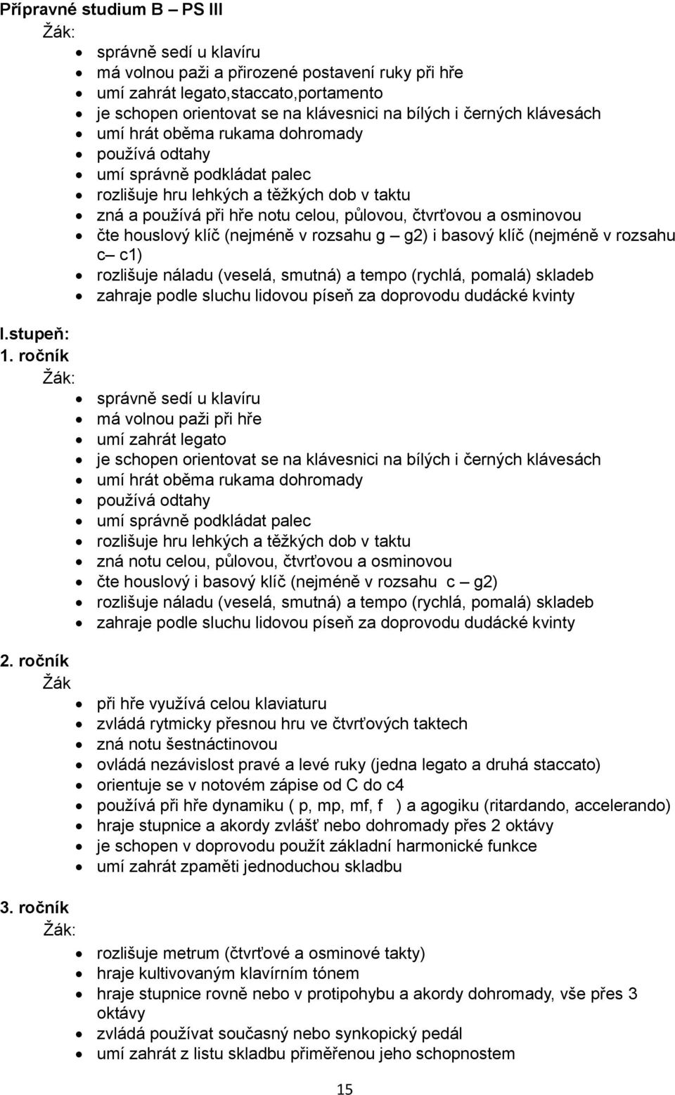 houslový klíč (nejméně v rozsahu g g2) i basový klíč (nejméně v rozsahu c c1) rozlišuje náladu (veselá, smutná) a tempo (rychlá, pomalá) skladeb zahraje podle sluchu lidovou píseň za doprovodu