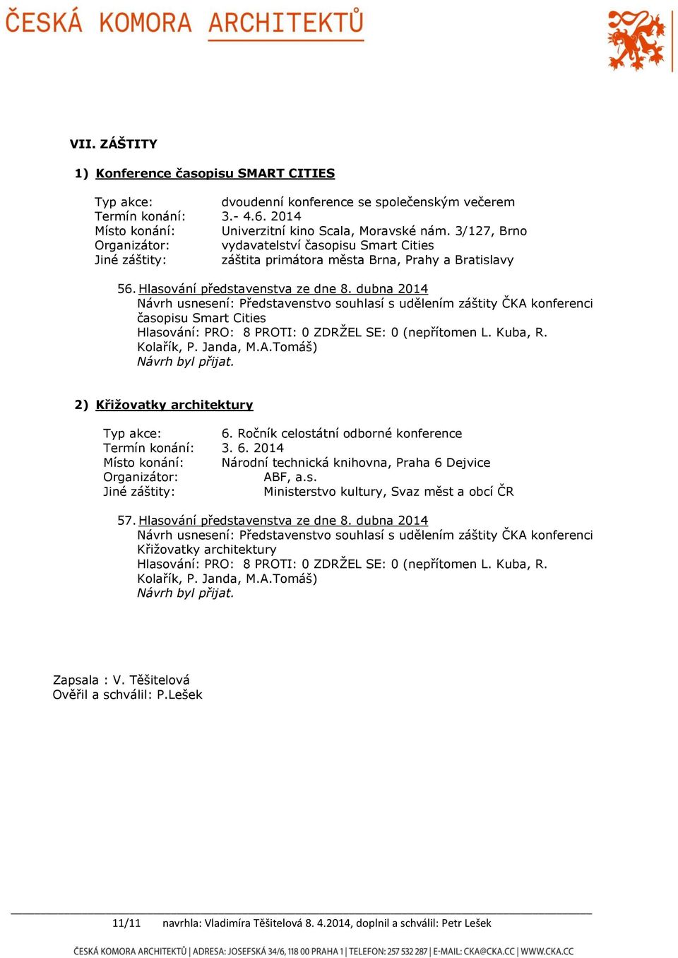 dubna 2014 Návrh usnesení: Představenstvo souhlasí s udělením záštity ČKA konferenci časopisu Smart Cities Hlasování: PRO: 8 PROTI: 0 ZDRŽEL SE: 0 (nepřítomen L. Kuba, R. Kolařík, P. Janda, M.A.Tomáš) 2) Křižovatky architektury Typ akce: 6.