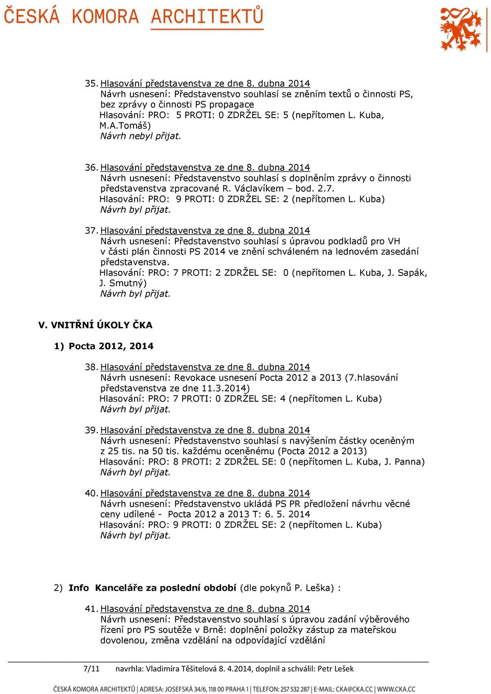 Hlasování představenstva ze dne 8. dubna 2014 Návrh usnesení: Představenstvo souhlasí s doplněním zprávy o činnosti představenstva zpracované R. Václavíkem bod. 2.7.