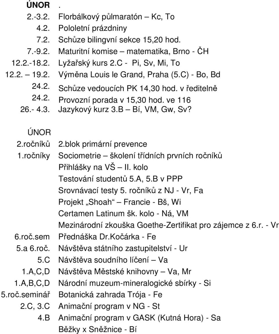 B Bí, VM, Gw, Sv? ÚNOR 2.ročníků 2.blok primární prevence 1.ročníky Sociometrie školení třídních prvních ročníků Přihlášky na VŠ II. kolo Testování studentů 5.A, 5.B v PPP Srovnávací testy 5.