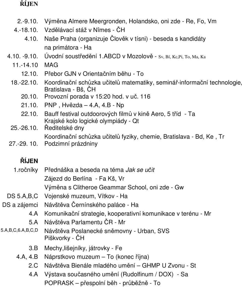 10. Provozní porada v 15:20 hod. v uč. 116 21.10. PNP, Hvězda 4.A, 4.B - Np 22.10. Bauff festival outdoorových filmů v kině Aero, 5 tříd - Ta Krajské kolo logické olympiády - Qt 25.-26.10. Ředitelské dny Koordinační schůzka učitelů fyziky, chemie, Bratislava - Bd, Ke, Tr 27.