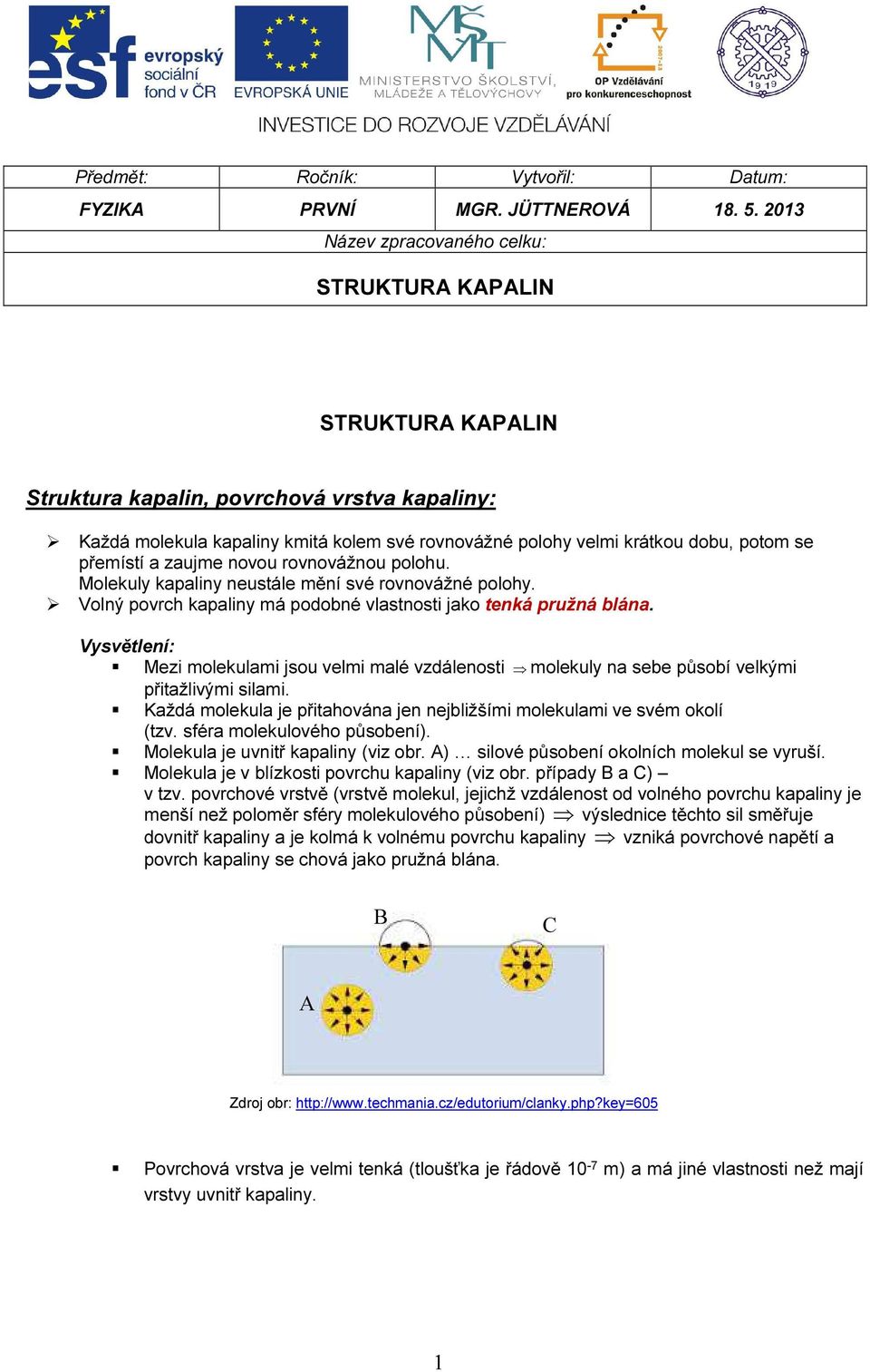 přemístí a zaujme novou rovnovážnou polohu. Molekuly kapaliny neustále mění své rovnovážné polohy. Volný povrch kapaliny má podobné vlastnosti jako tenká pružná blána.