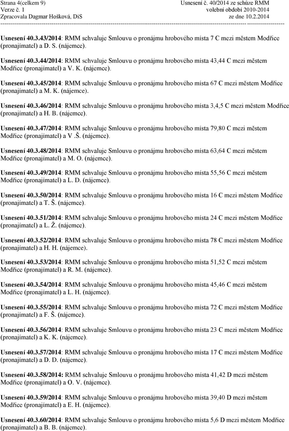 B. (nájemce). Usnesení 40.3.47/2014: RMM schvaluje Smlouvu o pronájmu hrobového místa 79,80 C mezi městem Modřice (pronajímatel) a V.Š. (nájemce). Usnesení 40.3.48/2014: RMM schvaluje Smlouvu o pronájmu hrobového místa 63,64 C mezi městem Modřice (pronajímatel) a M.