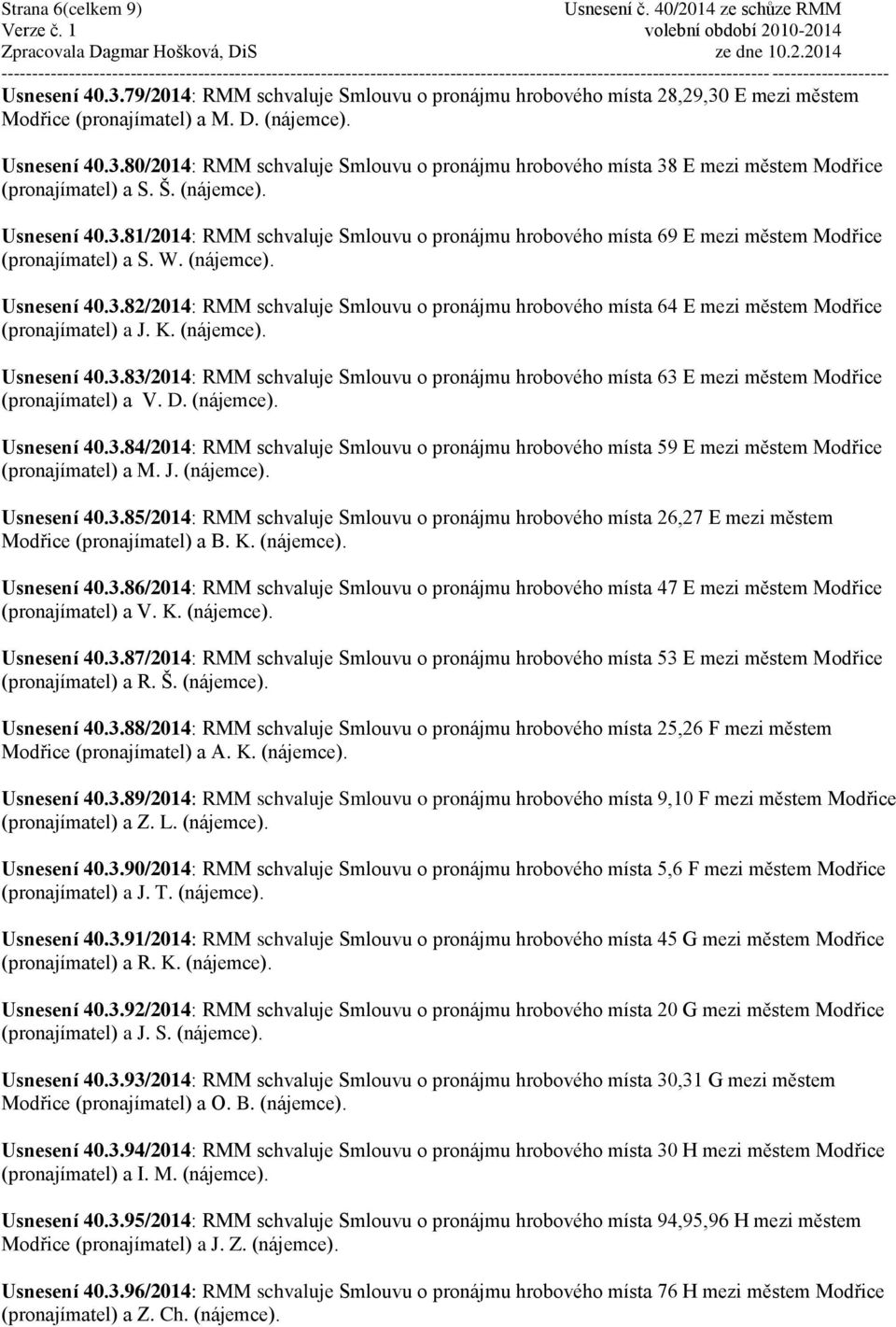 K. (nájemce). Usnesení 40.3.83/2014: RMM schvaluje Smlouvu o pronájmu hrobového místa 63 E mezi městem Modřice (pronajímatel) a V. D. (nájemce). Usnesení 40.3.84/2014: RMM schvaluje Smlouvu o pronájmu hrobového místa 59 E mezi městem Modřice (pronajímatel) a M.