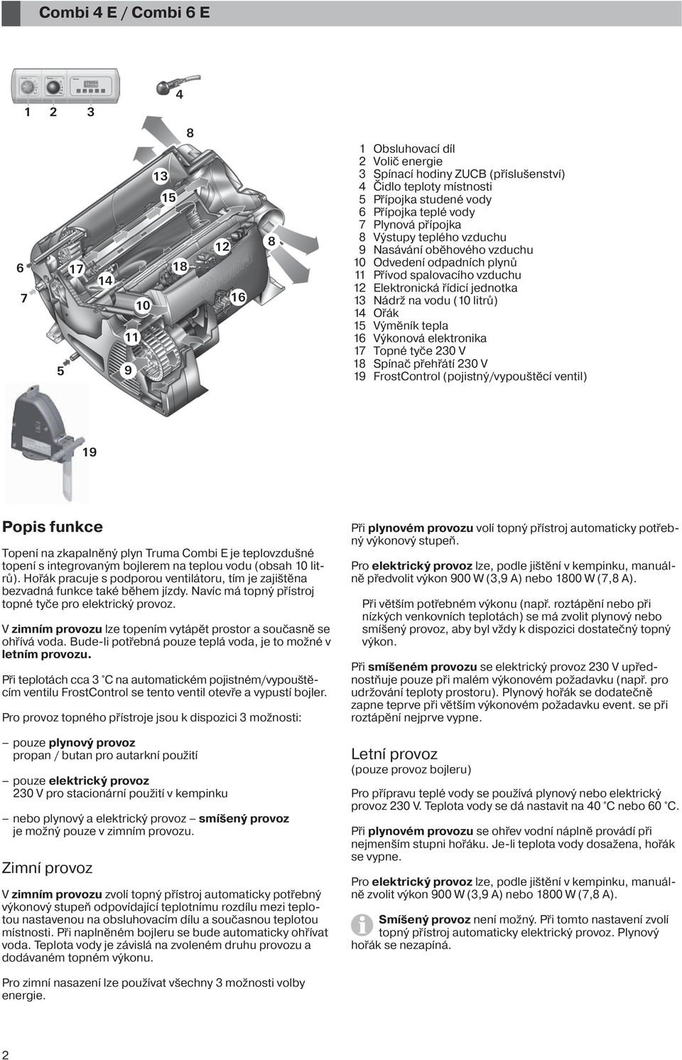 vodu (10 litrů) 14 Ořák 15 Výměník tepla 16 Výkonová elektronika 17 Topné tyče 230 V 18 Spínač přehřátí 230 V 19 FrostControl (pojistný/vypouštěcí ventil) 19 Popis funkce Topení na zkapalněný plyn