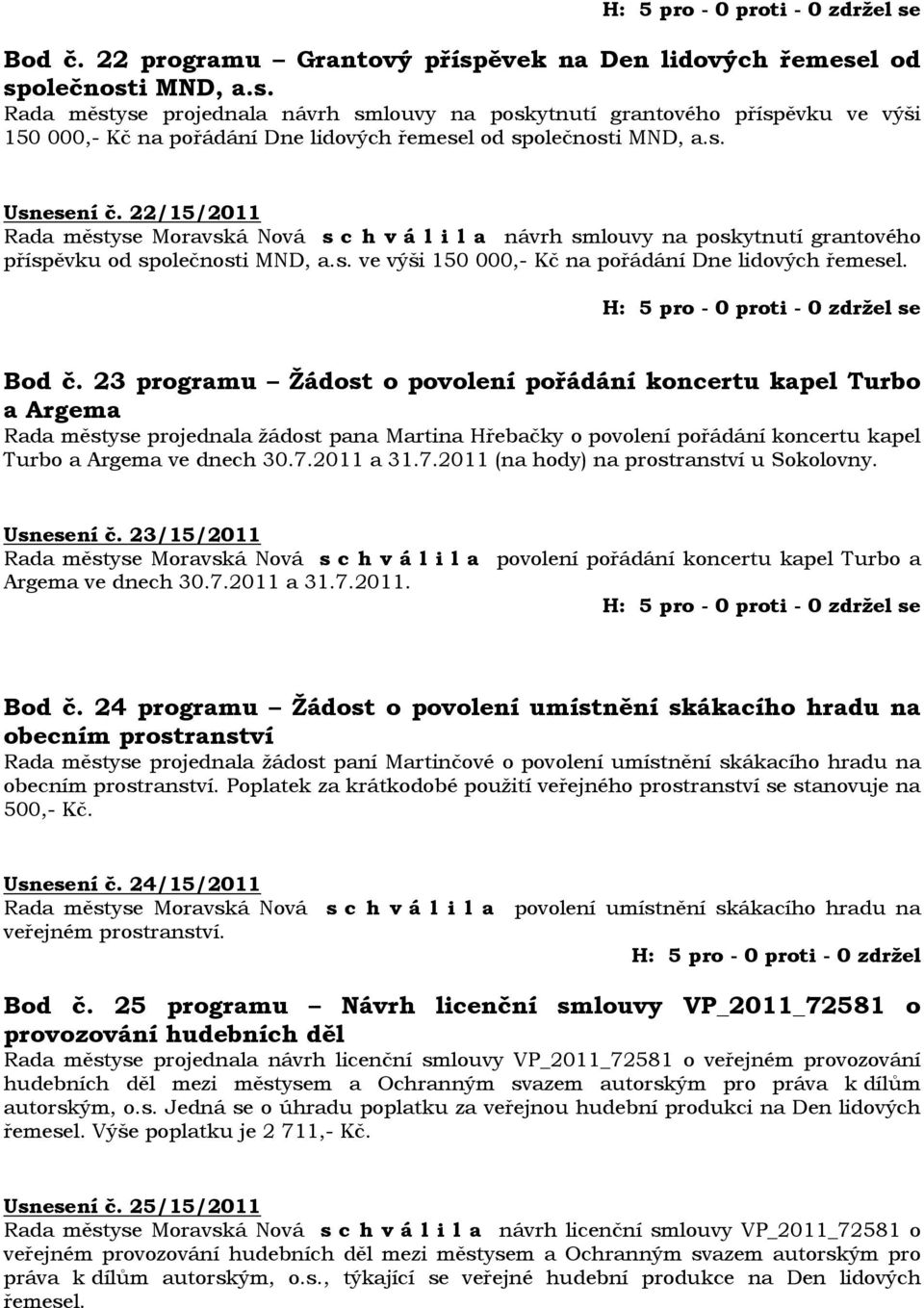 Bod č. 23 programu Žádost o povolení pořádání koncertu kapel Turbo a Argema Rada městyse projednala žádost pana Martina Hřebačky o povolení pořádání koncertu kapel Turbo a Argema ve dnech 30.7.