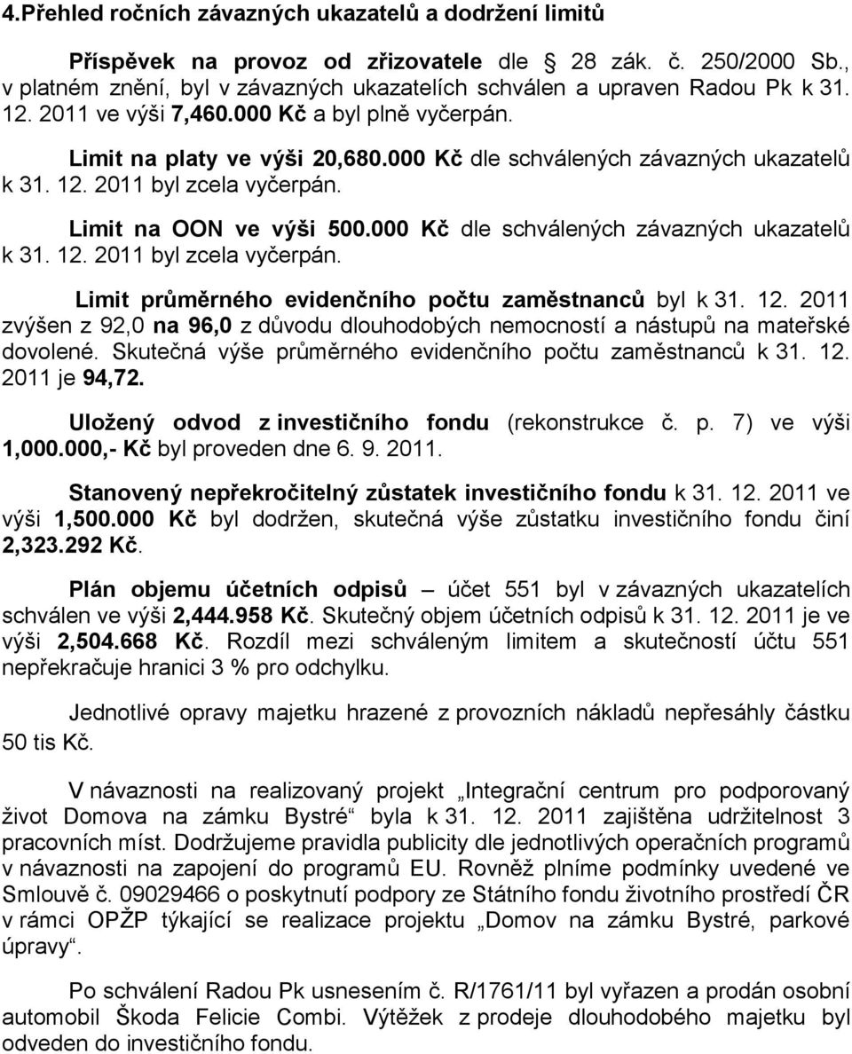 000 Kč dle schválených závazných ukazatelů k 31. 12. 2011 byl zcela vyčerpán. Limit průměrného evidenčního počtu zaměstnanců byl k 31. 12. 2011 zvýšen z 92,0 na 96,0 z důvodu dlouhodobých nemocností a nástupů na mateřské dovolené.