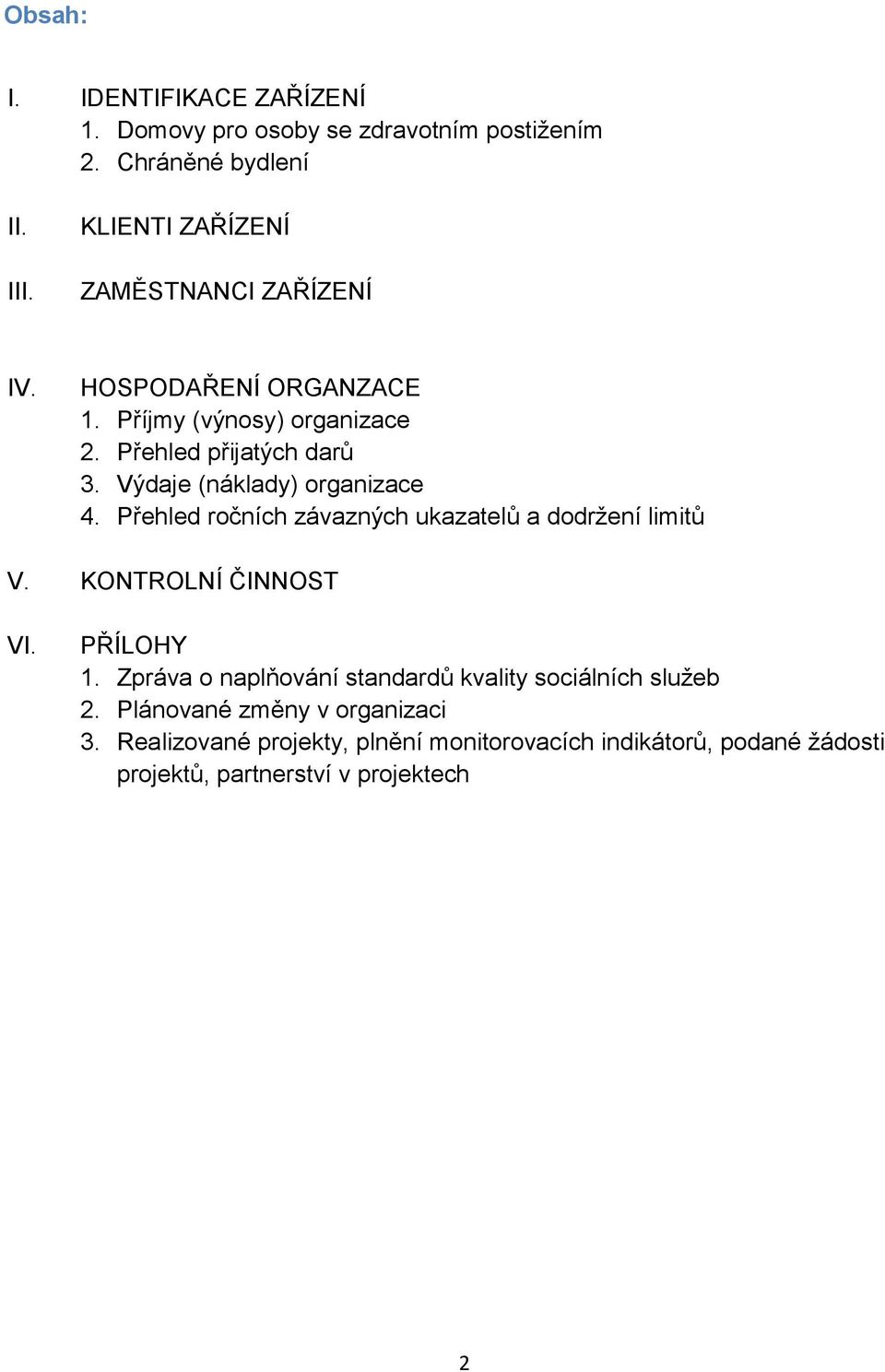 Výdaje (náklady) organizace 4. Přehled ročních závazných ukazatelů a dodržení limitů V. KONTROLNÍ ČINNOST VI. PŘÍLOHY 1.