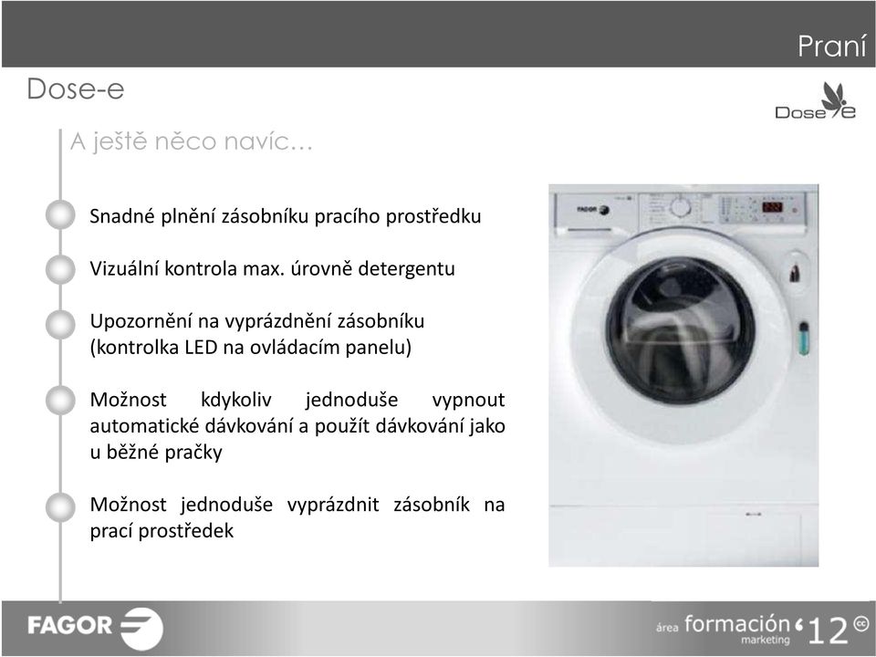 úrovně detergentu Upozornění na vyprázdnění zásobníku (kontrolka LED na ovládacím