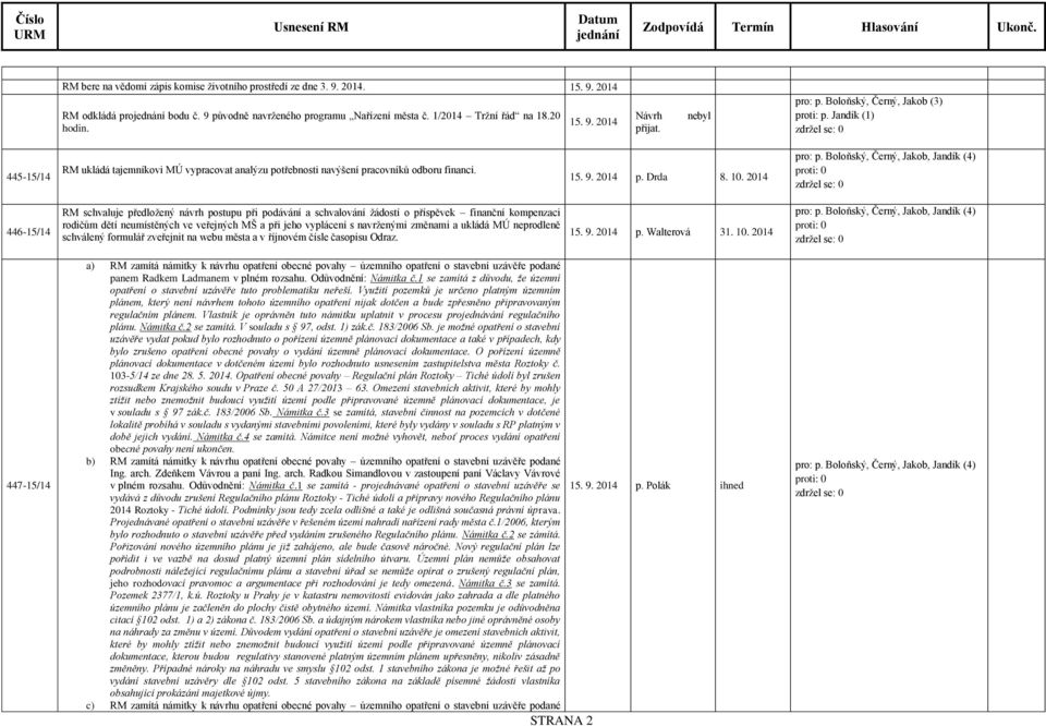 2014 446-1514 RM schvaluje předložený návrh postupu při podávání a schvalování žádostí o příspěvek finanční kompenzaci rodičům dětí neumístěných ve veřejných MŠ a při jeho vyplácení s navrženými