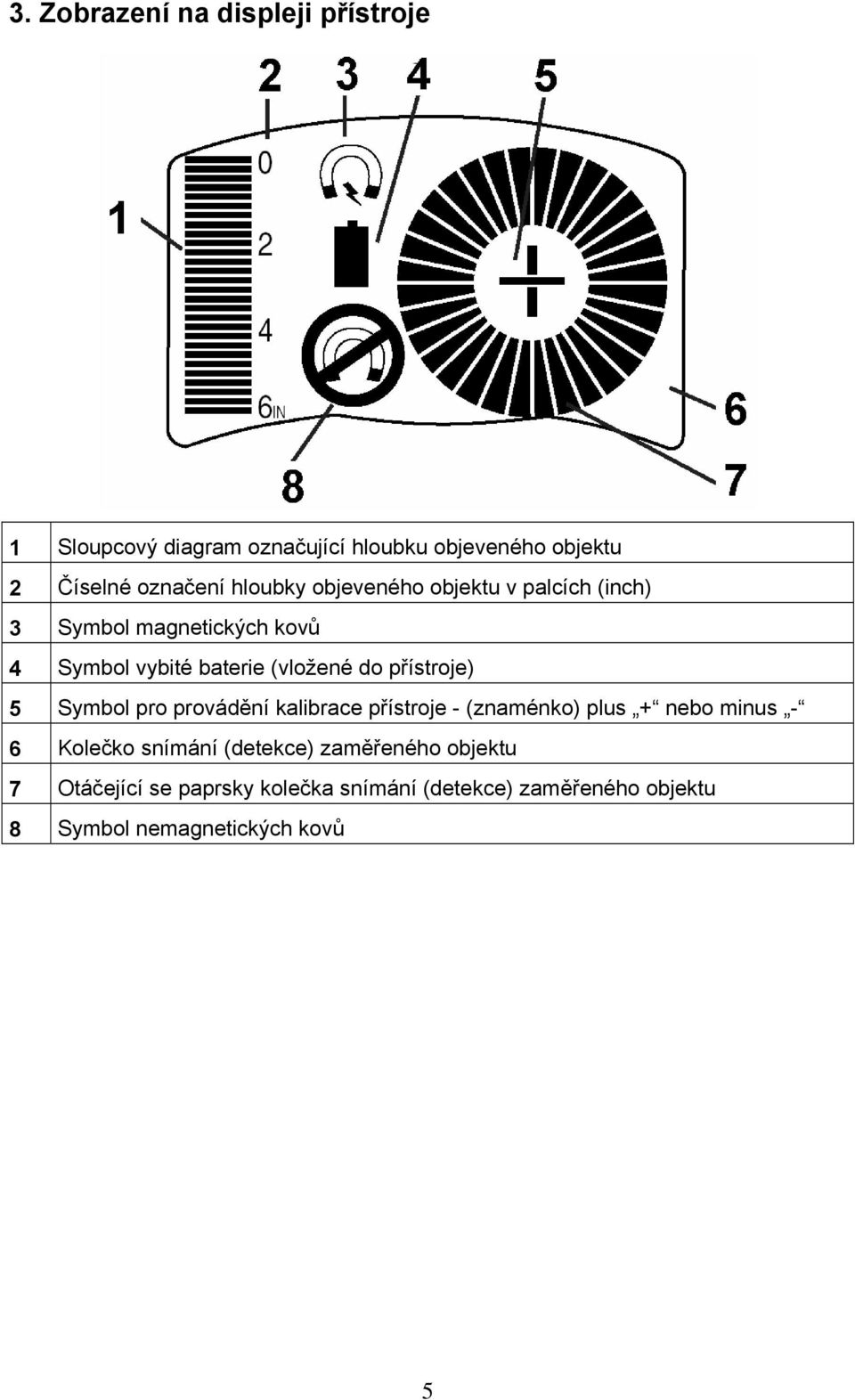 přístroje) 5 Symbol pro provádění kalibrace přístroje - (znaménko) plus + nebo minus - 6 Kolečko snímání