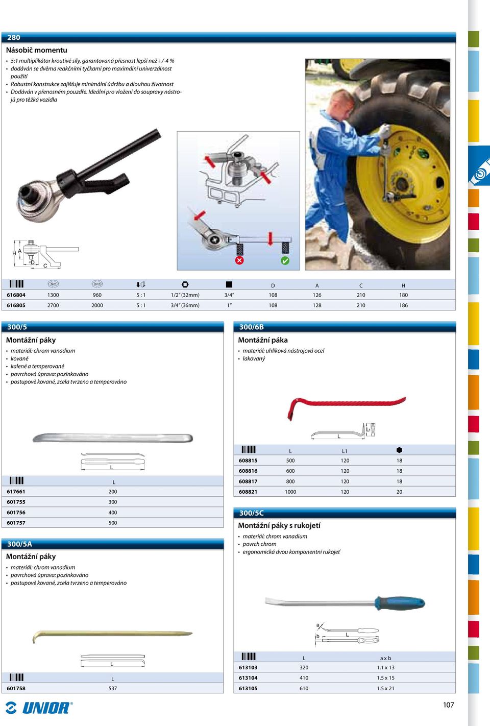 Ideální pro vložení do soupravy nástrojů pro těžká vozidla D A C H 616804 1300 960 5 : 1 1/2 (32mm) 3/4 108 126 210 180 616805 2700 2000 5 : 1 3/4 (36mm) 1 108 128 210 186 300/5 Montážní páky