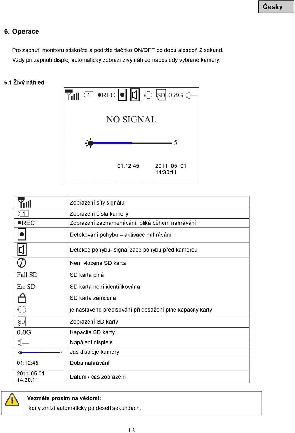 signalizace pohybu před kamerou Není vložena SD karta Full SD Err SD SD karta plná SD karta není identifikována SD karta zamčena je nastaveno přepisování při dosažení plné kapacity karty