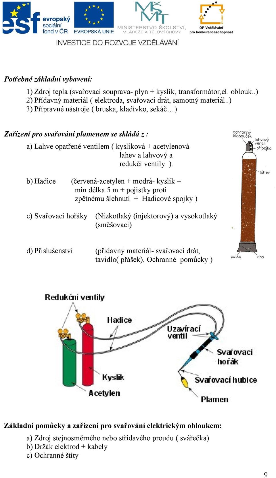 b) Hadice (červená-acetylen + modrá- kyslík min délka 5 m + pojistky proti zpětnému šlehnutí + Hadicové spojky ) c) Svařovací hořáky (Nízkotlaký (injektorový) a vysokotlaký (směšovací) d)