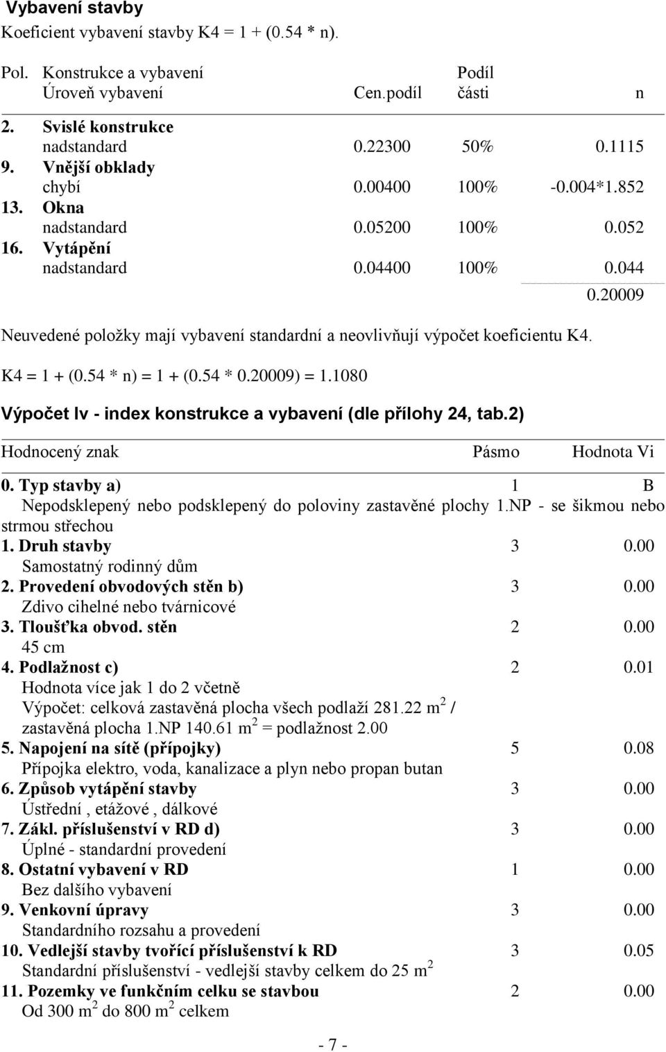 044 Neuvedené položky mají vybavení standardní a neovlivňují výpočet koeficientu K4. K4 = 1 + (0.54 * n) = 1 + (0.54 * 0.20009) = 1.1080 Výpočet Iv - index konstrukce a vybavení (dle přílohy 24, tab.