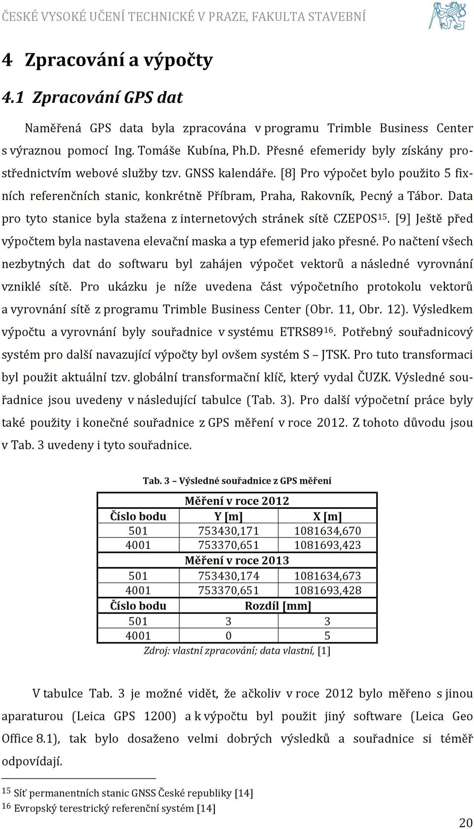 Data pro tyto stanice byla stažena z internetových stránek sítě CZEPOS 15. [9] Ještě před výpočtem byla nastavena elevační maska a typ efemerid jako přesné.