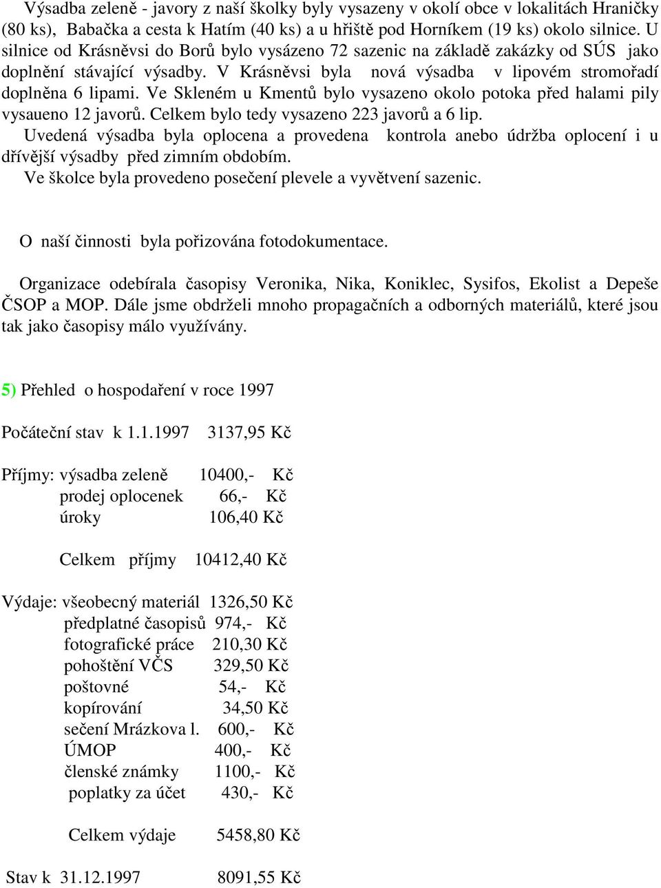 Ve Skleném u Kmentů bylo vysazeno okolo potoka před halami pily vysaueno 12 javorů. Celkem bylo tedy vysazeno 223 javorů a 6 lip.