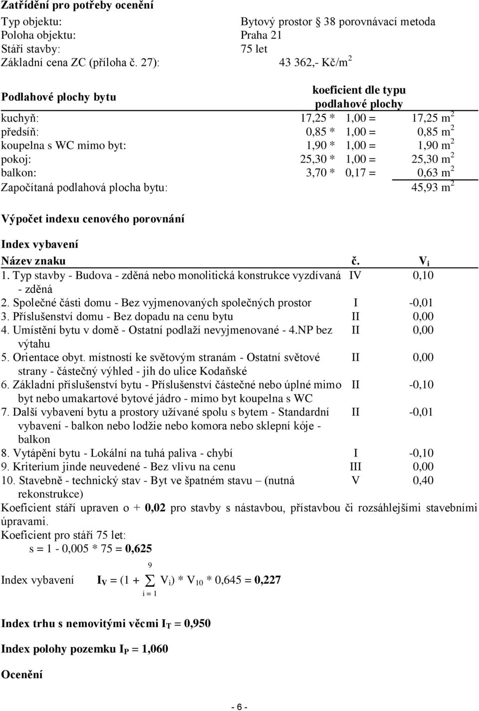 25,30 * 1,00 = 25,30 m 2 balkon: 3,70 * 0,17 = 0,63 m 2 Započítaná podlahová plocha bytu: 45,93 m 2 Výpočet indexu cenového porovnání Index vybavení Název znaku č. V i 1.