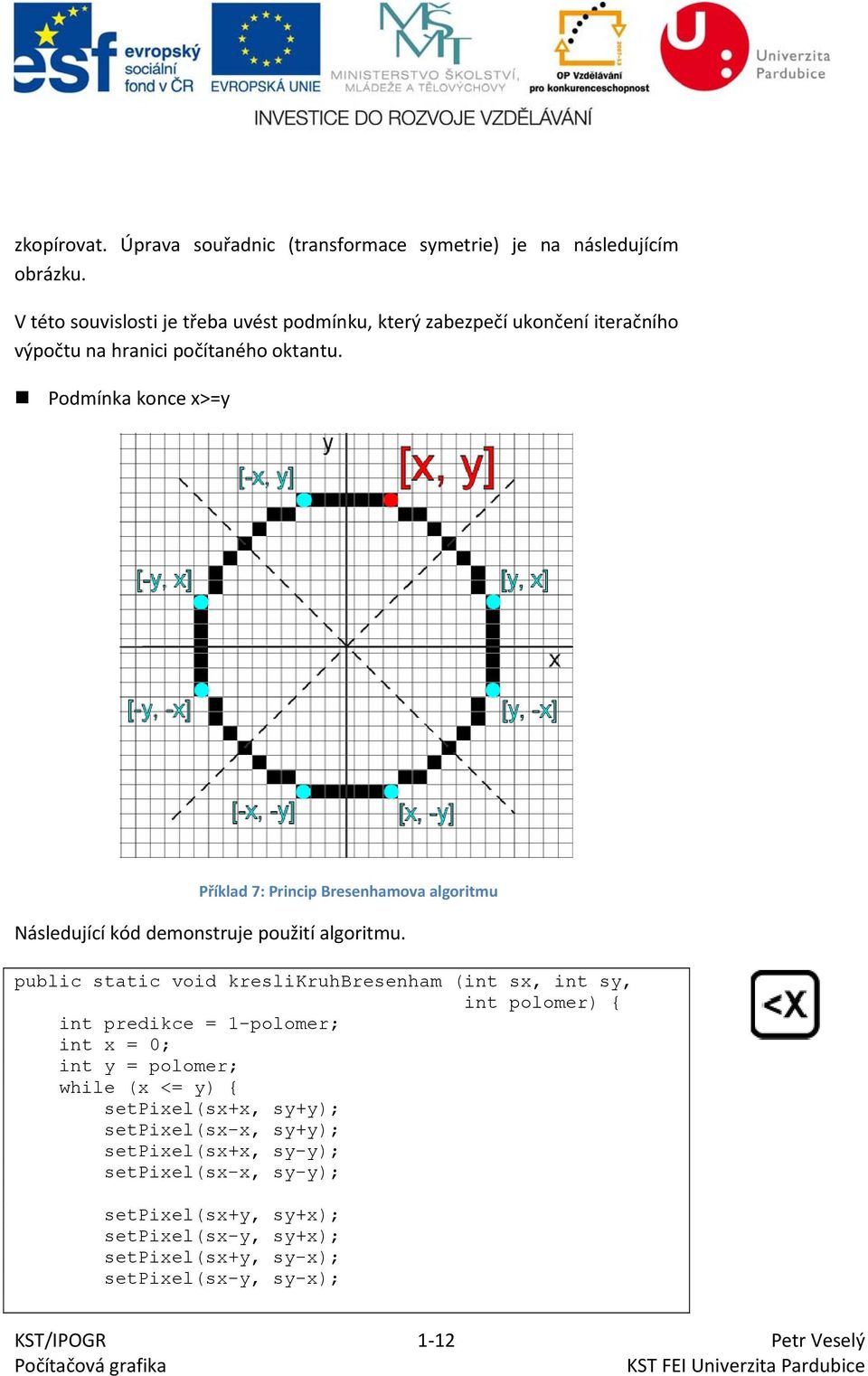 Podmínka konce x>=y Příklad 7: Princip Bresenhamova algoritmu Následující kód demonstruje použití algoritmu.