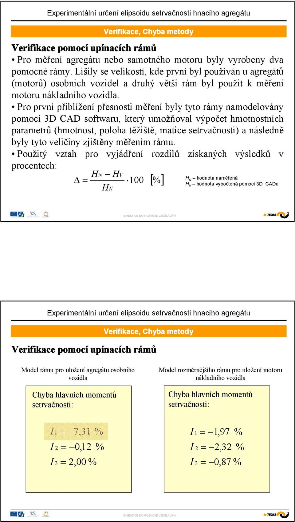 Pro první přiblížení přesnosti měření byly tyto rámy namodelovány pomocí 3D CAD softwaru, který umožňoval výpočet hmotnostních parametrů (hmotnost, poloha těžiště, matice setrvačnosti) a následně