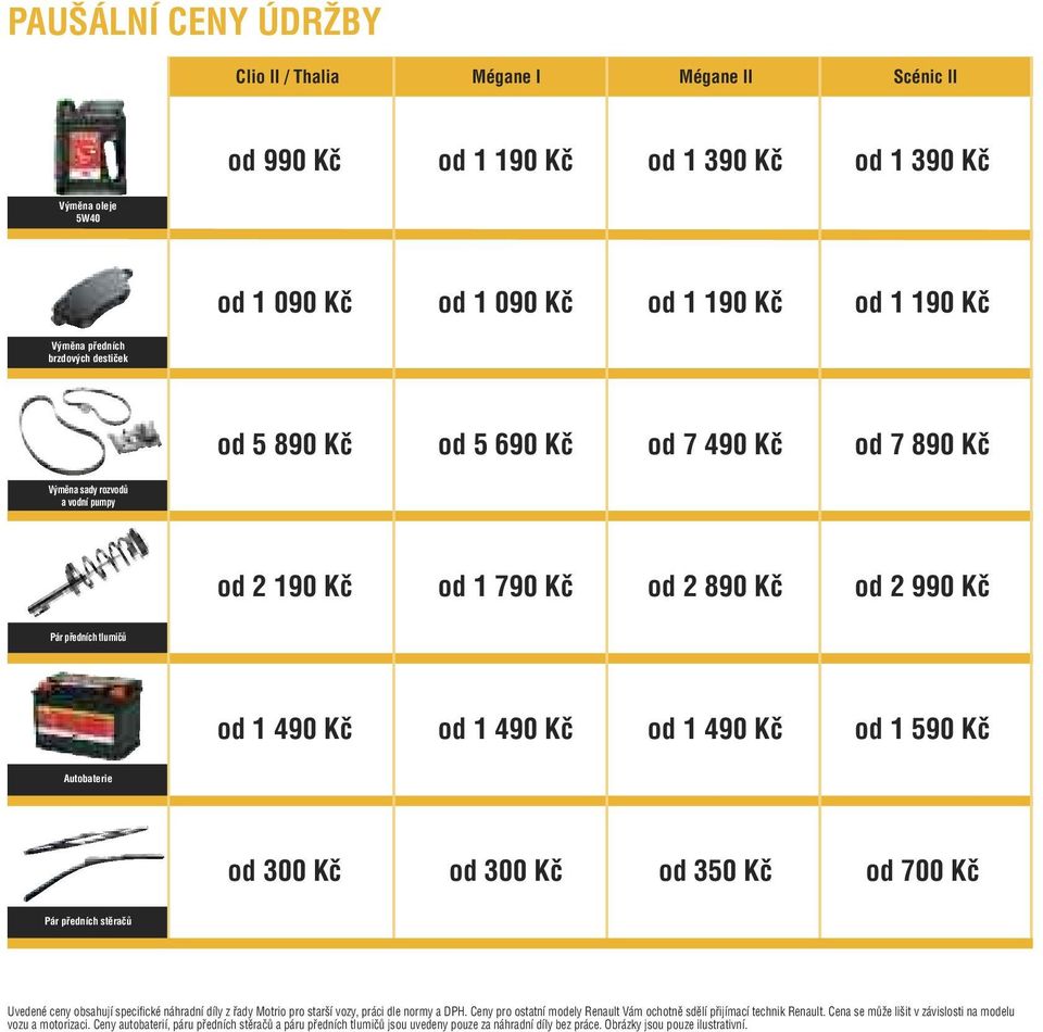 490 Kč od 1 590 Kč Autobaterie od 300 Kč od 300 Kč od 350 Kč od 700 Kč Pár předních stěračů Uvedené ceny obsahují specifické náhradní díly z řady Motrio pro starší vozy, práci dle normy a DPH.