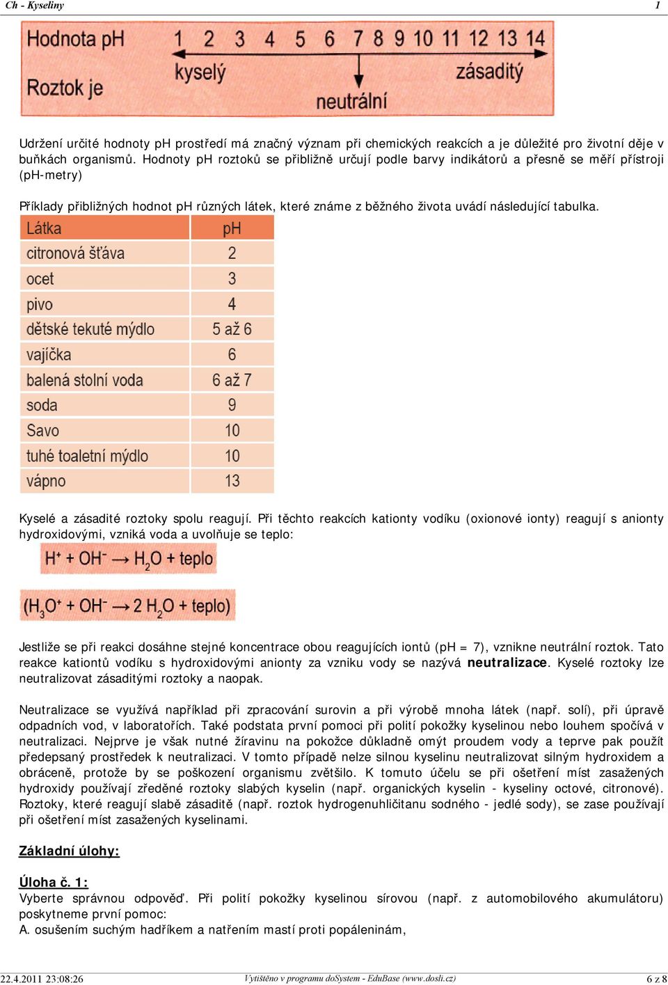 tabulka. Kyselé a zásadité roztoky spolu reagují.