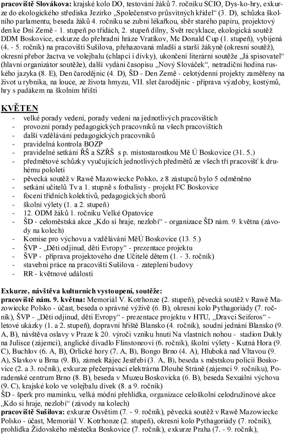 stupeň dílny, Svět recyklace, ekologická soutěţ DDM Boskovice, exkurze do přehradní hráze Vratíkov, Mc Donald Cup (1. stupeň), vybíjená (4. - 5.