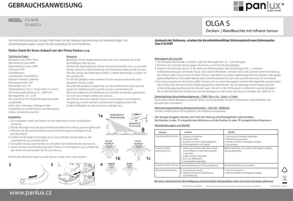 Austausch der Sicherung ersetzen Sie die unfunktionsfähige Sicherung durch neue Sicherung des Typs F1A/250V Vielen Dank für Ihren Ankauf von der Firma Panlux s.r.o. Technische Daten Netzspannung: 230V~50Hz Nennleistung: max.