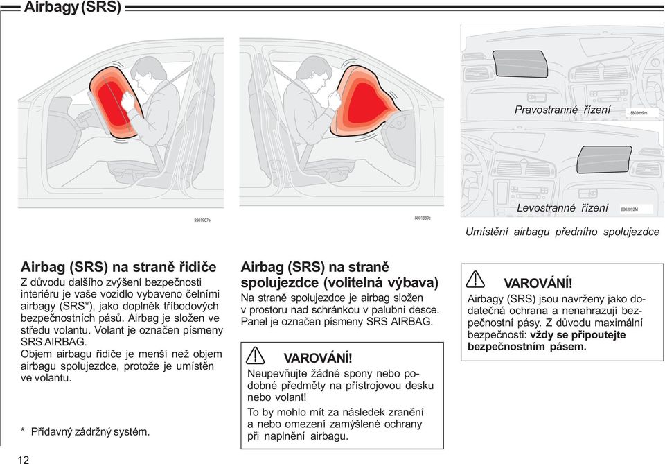 Objem airbagu øidièe je menší než objem airbagu spolujezdce, protože je umístìn ve volantu. * Pøídavný zádržný systém.