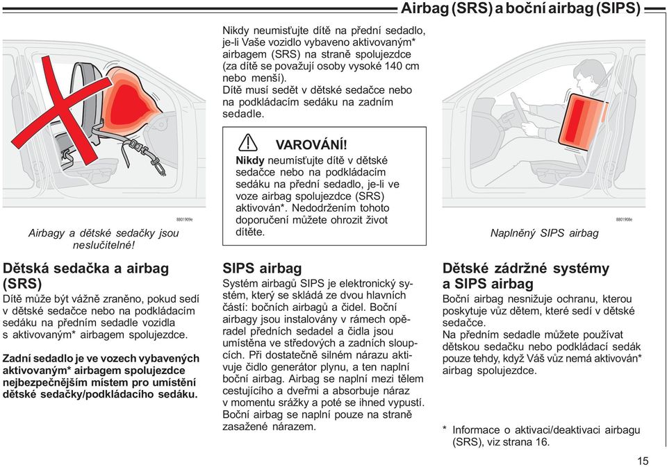 8801909e Dìtská sedaèka a airbag (SRS) Dítì mùže být vážnì zranìno, pokud sedí v dìtské sedaèce nebo na podkládacím sedáku na pøedním sedadle vozidla s aktivovaným* airbagem spolujezdce.