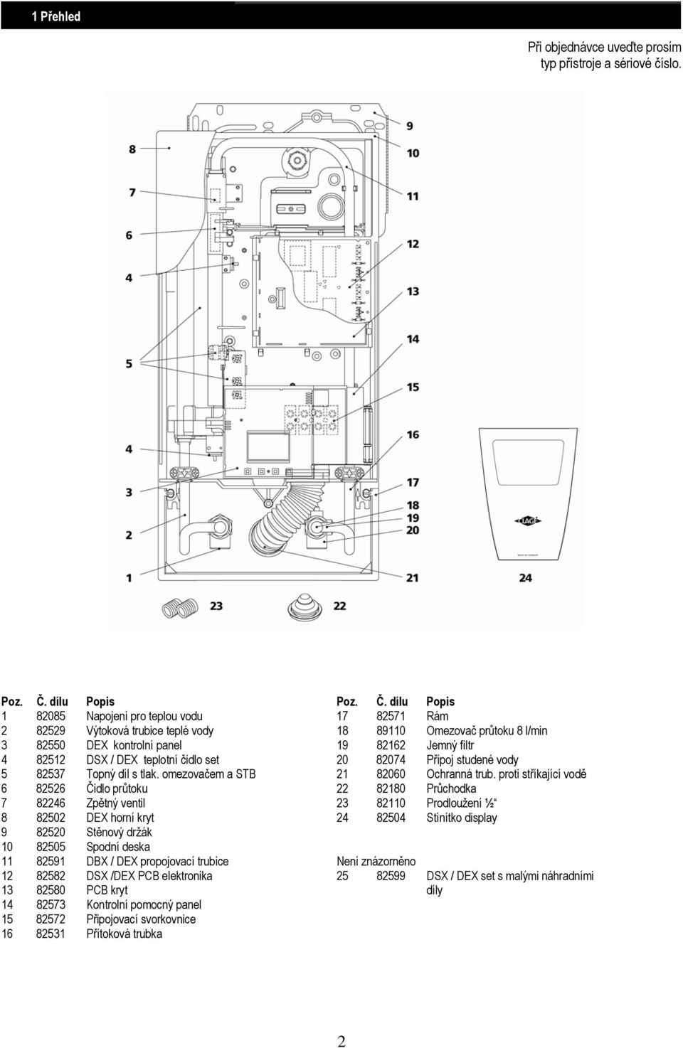 dílu Popis 1 82085 Napojení pro teplou vodu 17 82571 Rám 2 82529 Výtoková trubice teplé vody 18 89110 Omezovač průtoku 8 l/min 3 82550 DEX kontrolní panel 19 82162 Jemný filtr 4 82512 DSX / DEX