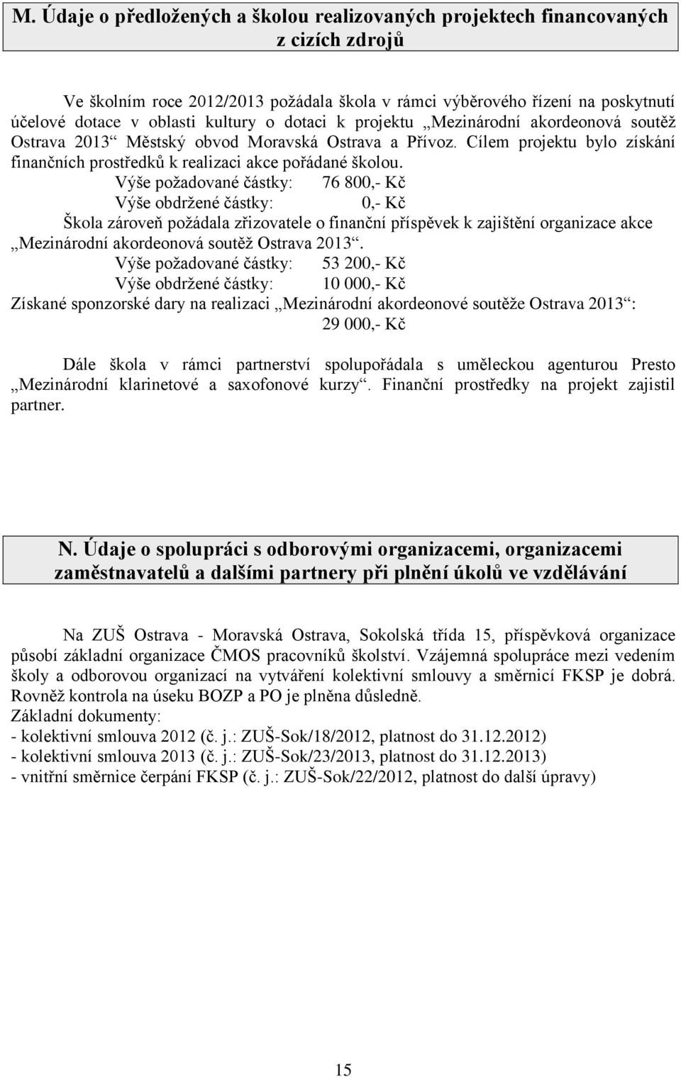 Výše požadované částky: 76 800,- Kč Výše obdržené částky: 0,- Kč Škola zároveň požádala zřizovatele o finanční příspěvek k zajištění organizace akce Mezinárodní akordeonová soutěž Ostrava 2013.