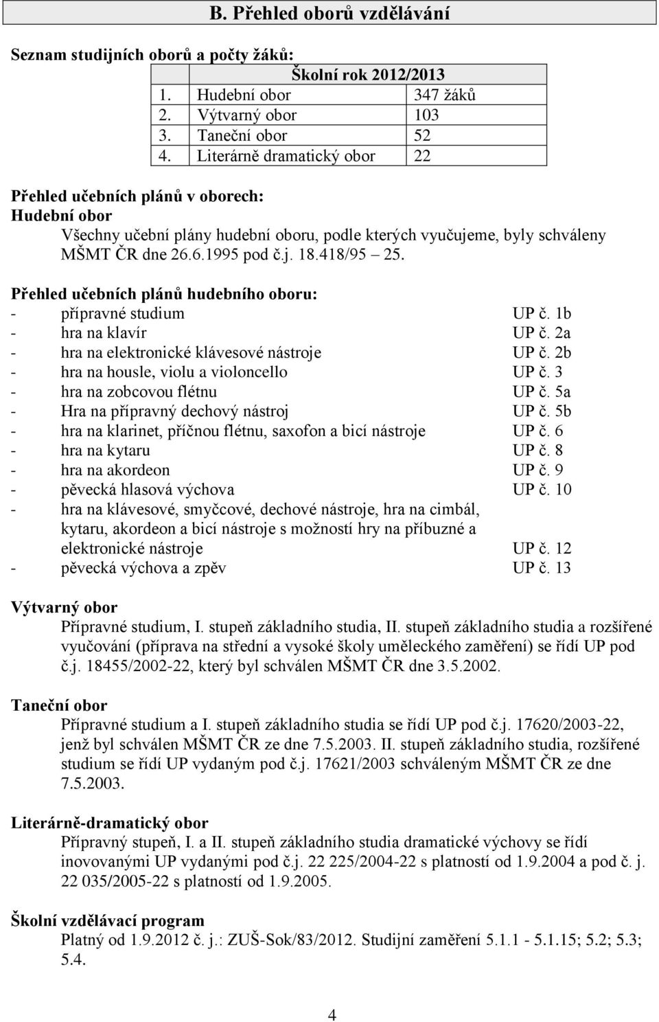 Přehled učebních plánů hudebního oboru: - přípravné studium UP č. 1b - hra na klavír UP č. 2a - hra na elektronické klávesové nástroje UP č. 2b - hra na housle, violu a violoncello UP č.