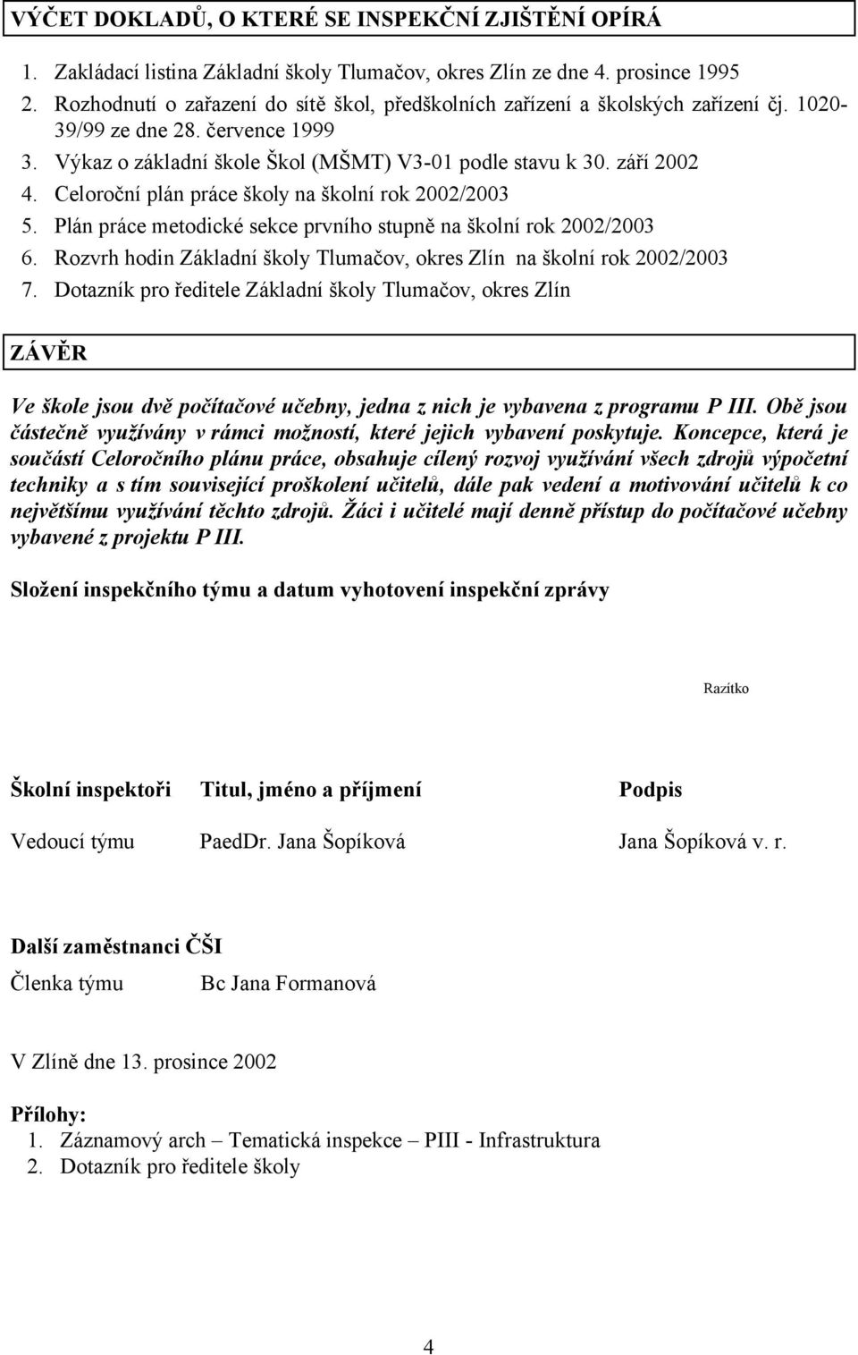 Celoroční plán práce školy na školní rok 2002/2003 5. Plán práce metodické sekce prvního stupně na školní rok 2002/2003 6. Rozvrh hodin Základní školy Tlumačov, okres Zlín na školní rok 2002/2003 7.