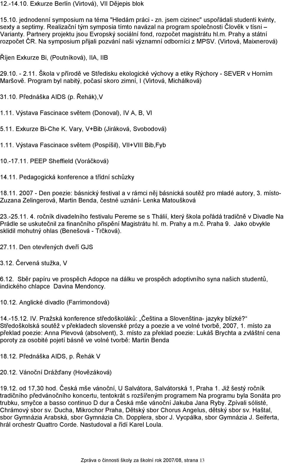 Na symposium přijali pozvání naši významní odborníci z MPSV. (Virtová, Maixnerová) Říjen Exkurze Bi, (Poutníková), IIA, IIB 29.10. - 2.11.