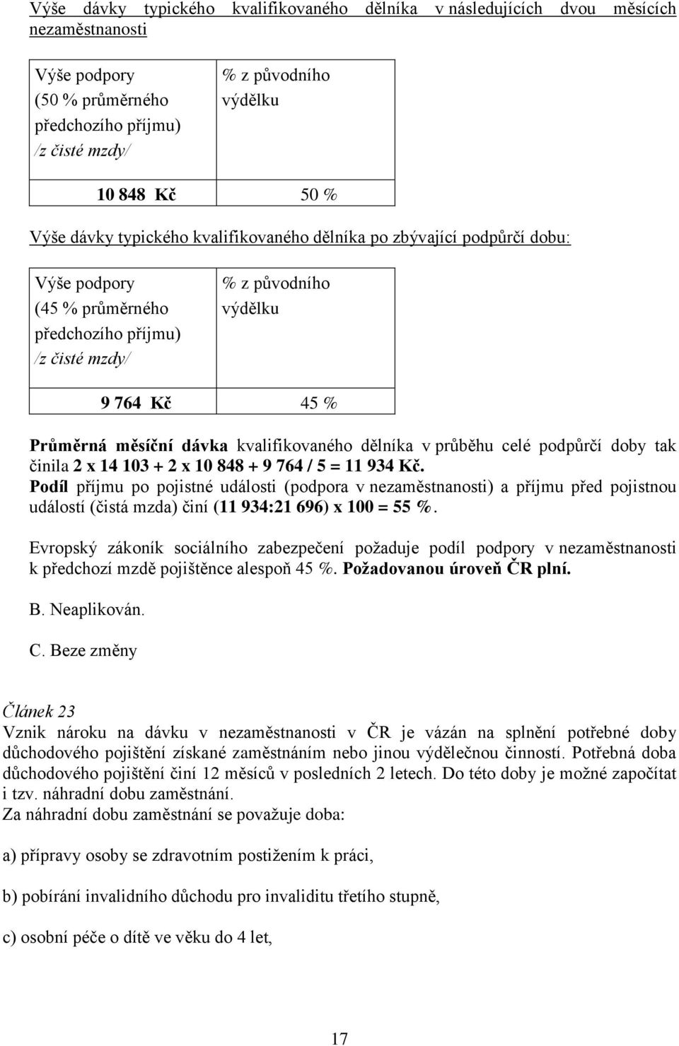 kvalifikovaného dělníka v průběhu celé podpůrčí doby tak činila 2 x 14 103 + 2 x 10 848 + 9 764 / 5 = 11 934 Kč.