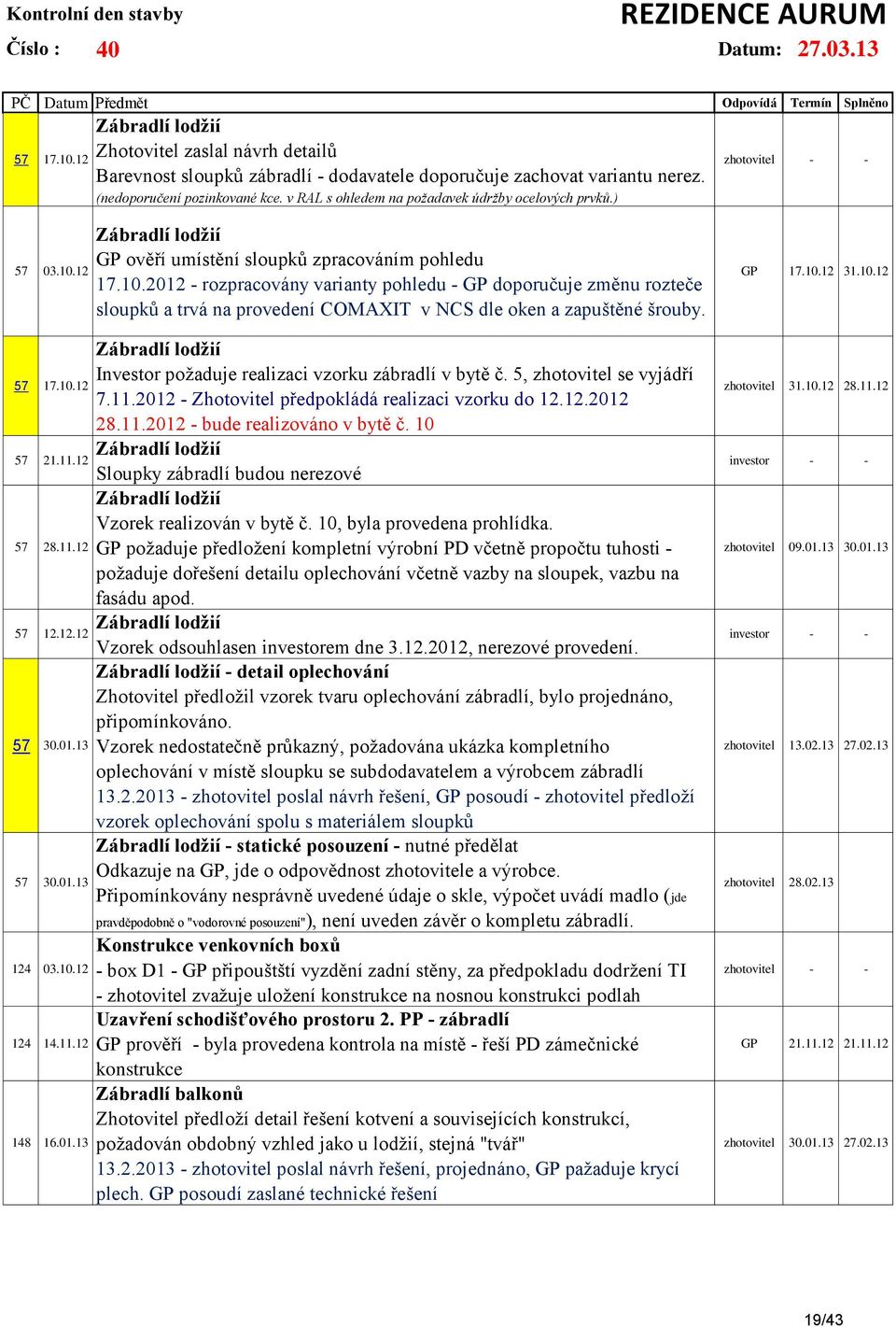 10.2012 - rozpracovány varianty pohledu - GP doporučuje změnu rozteče sloupků a trvá na provedení COMAXIT v NCS dle oken a zapuštěné šrouby.