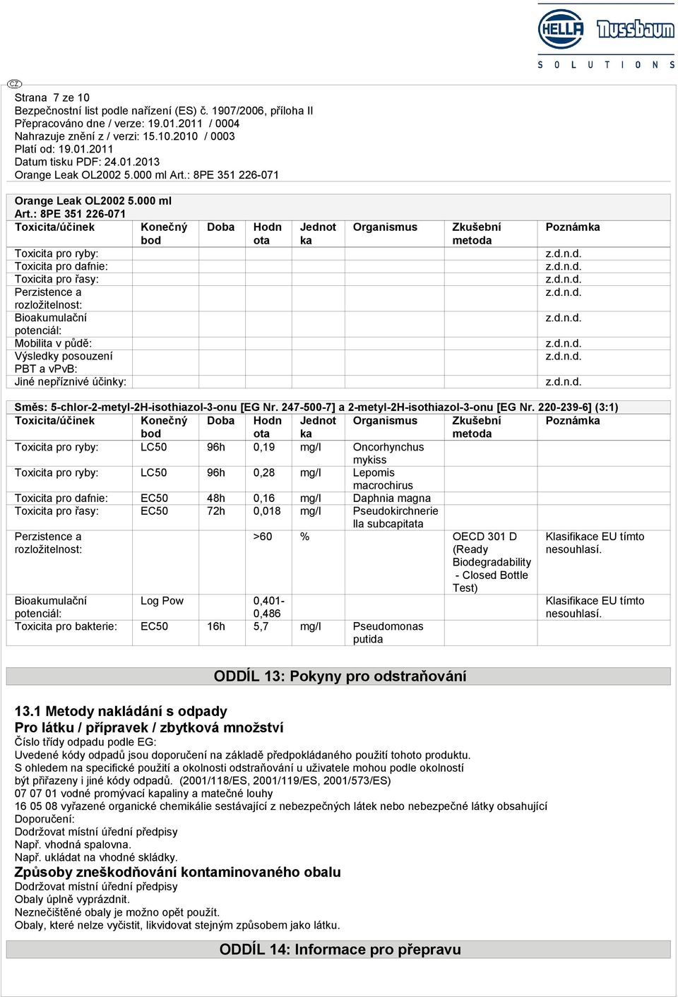 a vpvb: Jiné nepříznivé účinky: Doba Hodn ota Jednot ka Organismus Zkušební metoda Poznámka Směs: 5-chlor-2-metyl-2H-isothiazol-3-onu [EG Nr. 247-500-7] a 2-metyl-2H-isothiazol-3-onu [EG Nr.