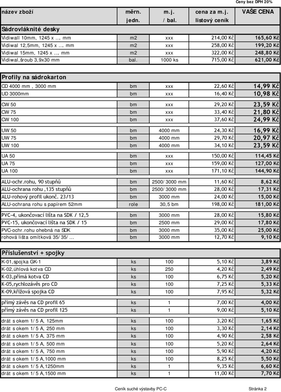 1000 ks 715,00 Kč 621,00 Kč Profily na sádrokarton CD 4000 mm, 3000 mm bm xxx 22,60 Kč 14,99 Kč UD 3000mm bm xxx 16,40 Kč 10,98 Kč CW 50 bm xxx 29,20 Kč 23,59 Kč CW 75 bm xxx 33,40 Kč 21,80 Kč CW 100