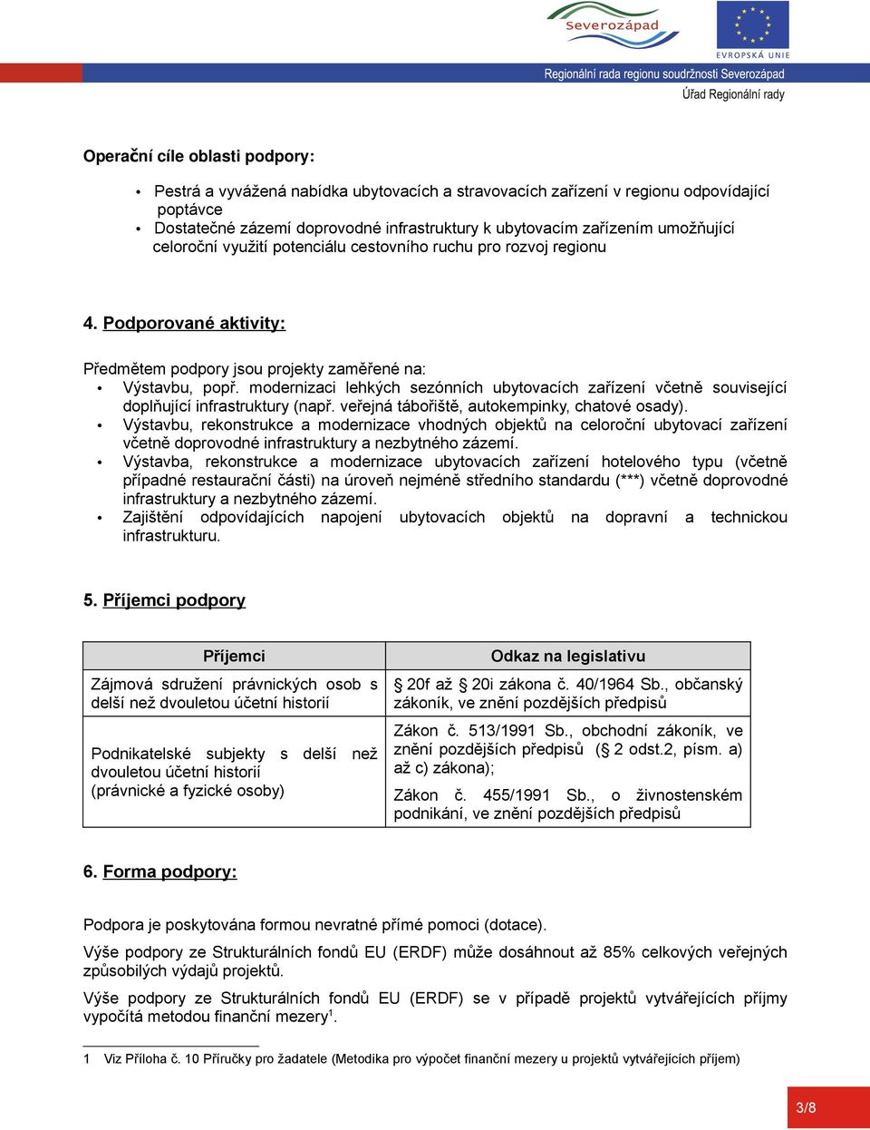 modernizaci lehkých sezónních ubytovacích zařízení včetně související doplňující infrastruktury (např. veřejná tábořiště, autokempinky, chatové osady).