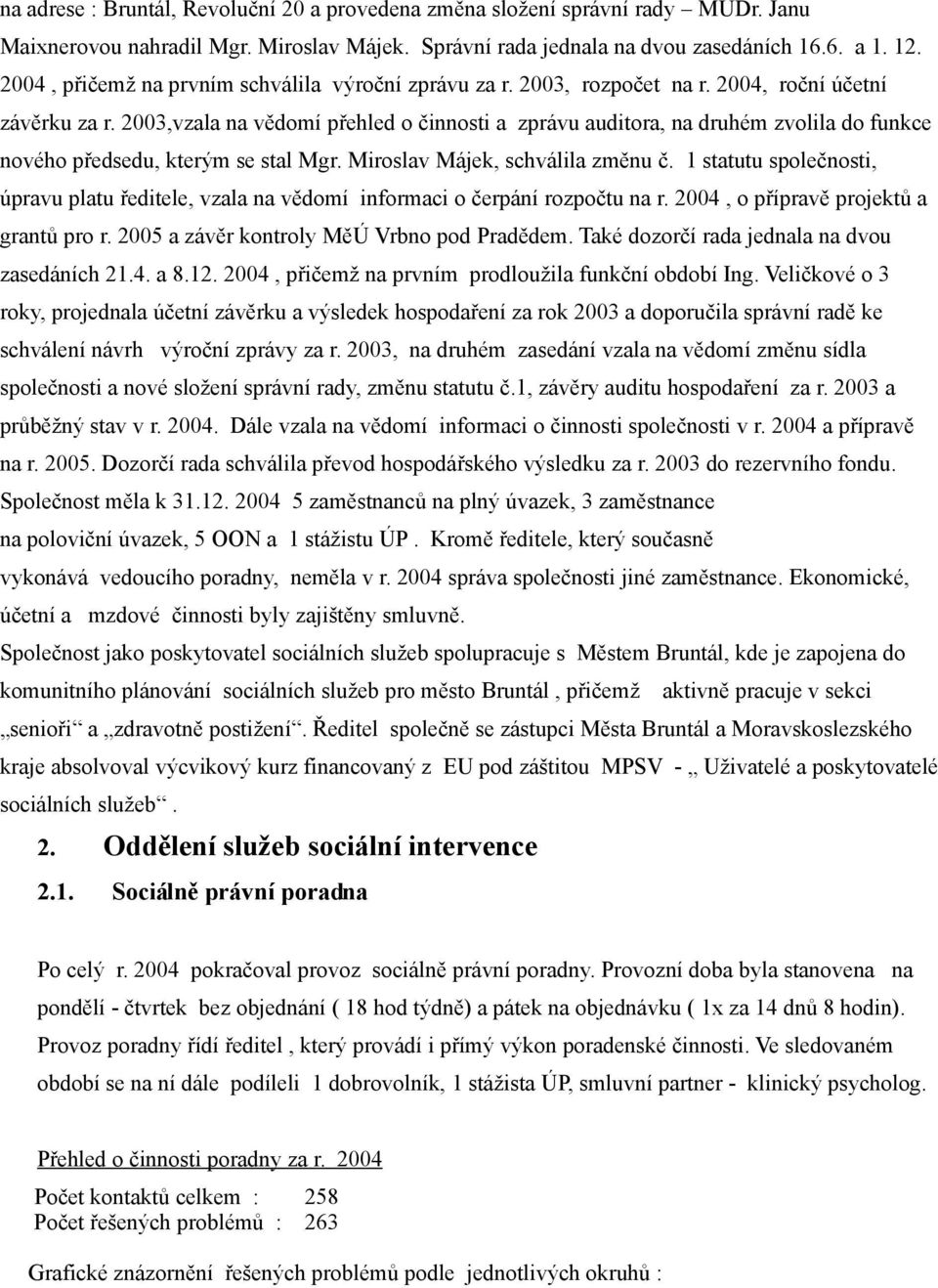 2003,vzala na vědomí přehled o činnosti a zprávu auditora, na druhém zvolila do funkce nového předsedu, kterým se stal Mgr. Miroslav Májek, schválila změnu č.