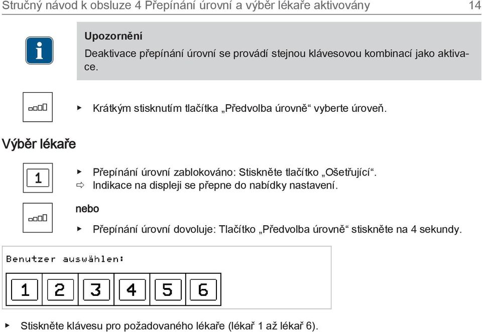 Výběr lékaře Přepínání úrovní zablokováno: Stiskněte tlačítko Ošetřující.