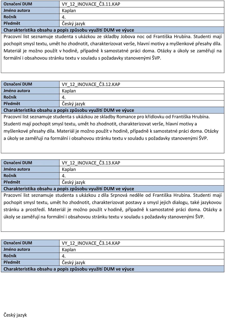 INOVACE_Č3.12.KAP Pracovní list seznamuje studenta s ukázkou ze skladby Romance pro křídlovku od Františka Hrubína.