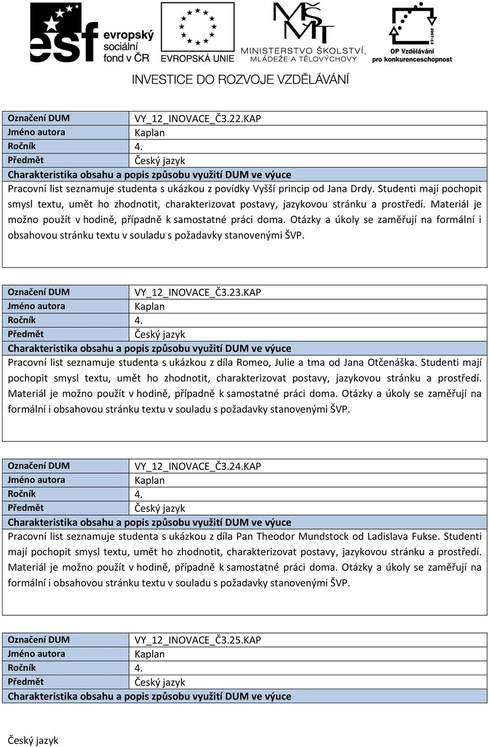 Materiál je VY_12_INOVACE_Č3.23.KAP Pracovní list seznamuje studenta s ukázkou z díla Romeo, Julie a tma od Jana Otčenáška.