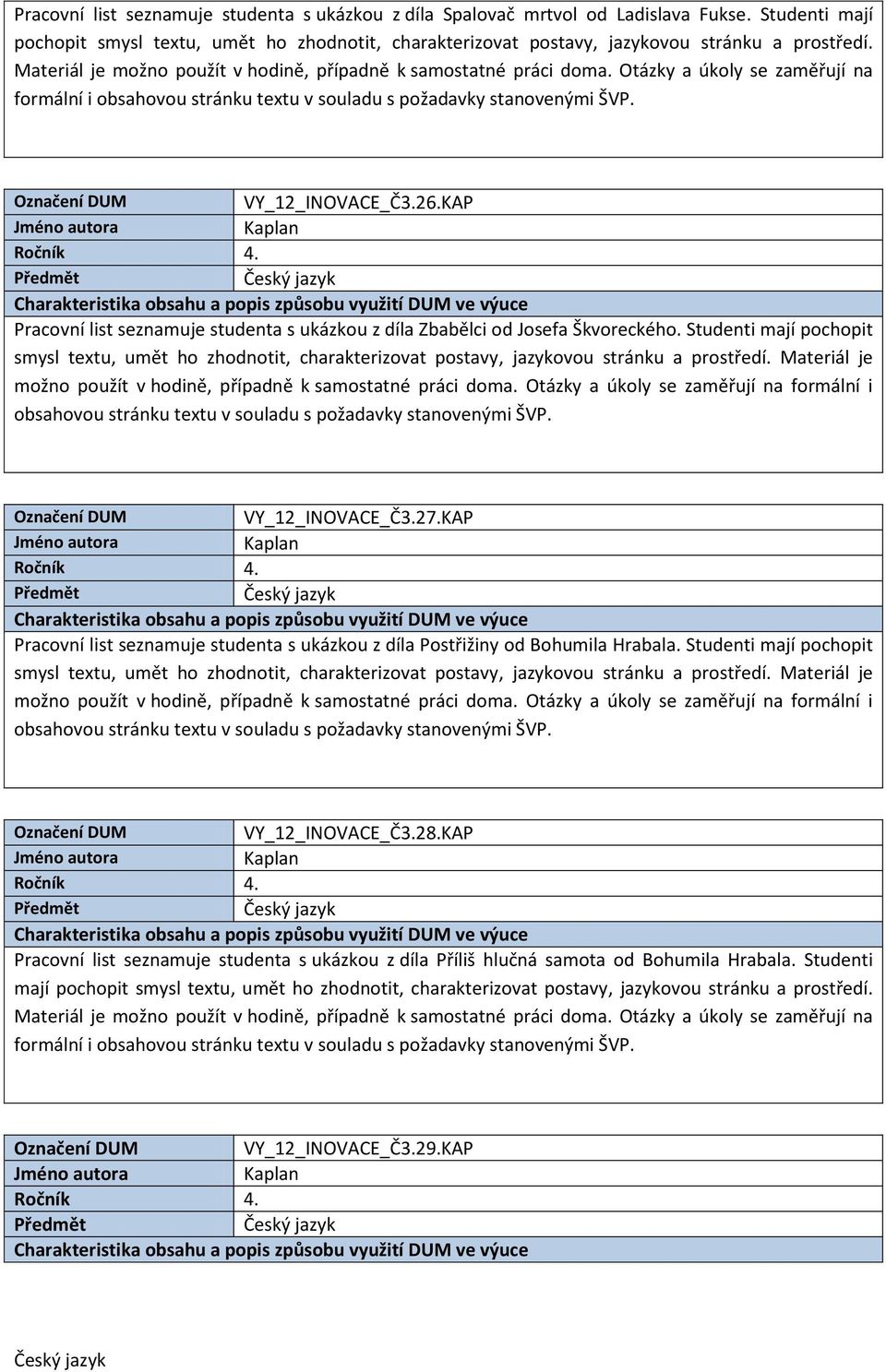 Studenti mají pochopit smysl textu, umět ho zhodnotit, charakterizovat postavy, jazykovou stránku a prostředí. Materiál je VY_12_INOVACE_Č3.27.