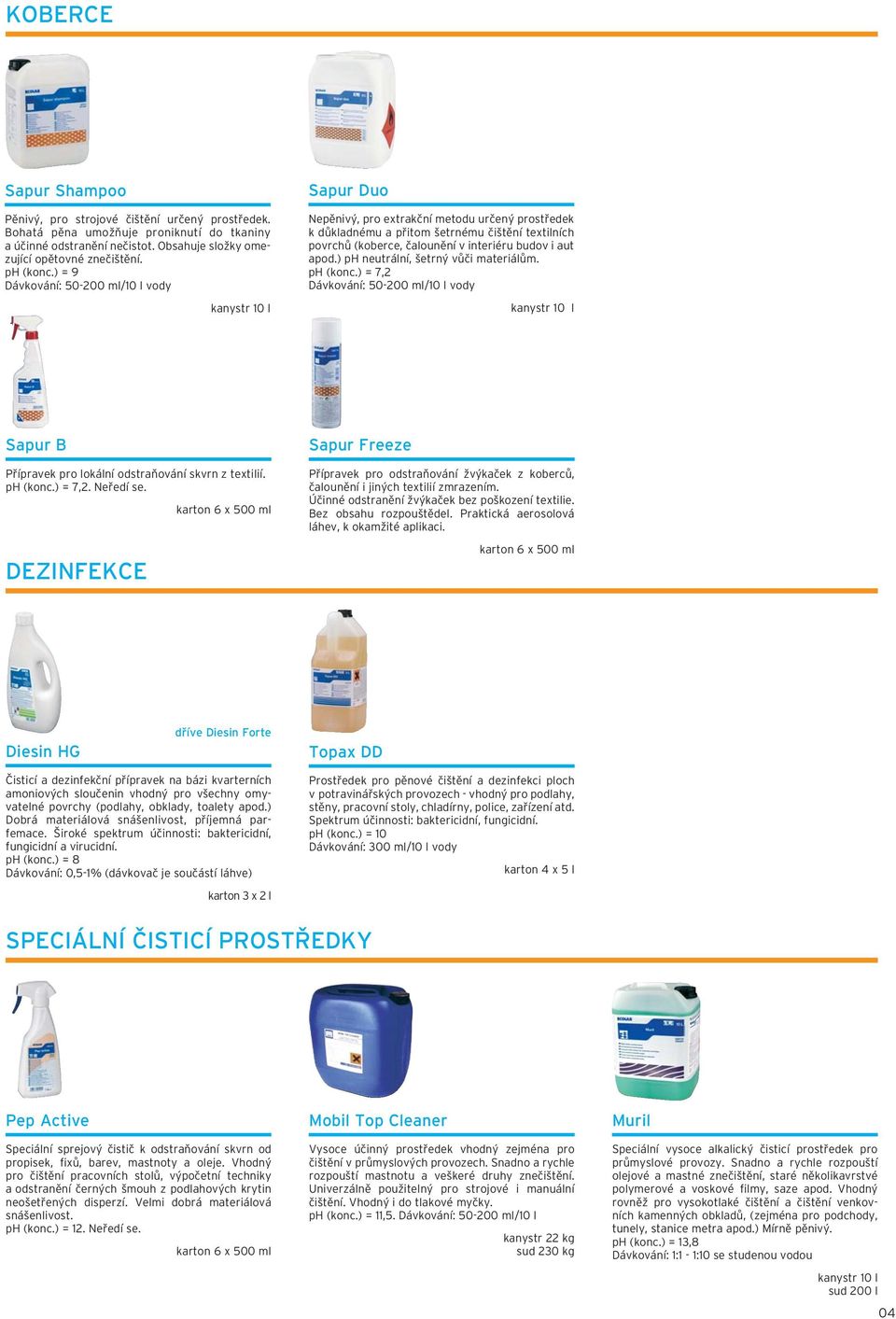 apod.) ph neutrální, šetrný vůči materiálům. ph (konc.) = 7,2 Dávkování: 50-200 ml/10 l vody Sapur B Přípravek pro lokální odstraňování skvrn z textilií. ph (konc.) = 7,2. Neředí se.