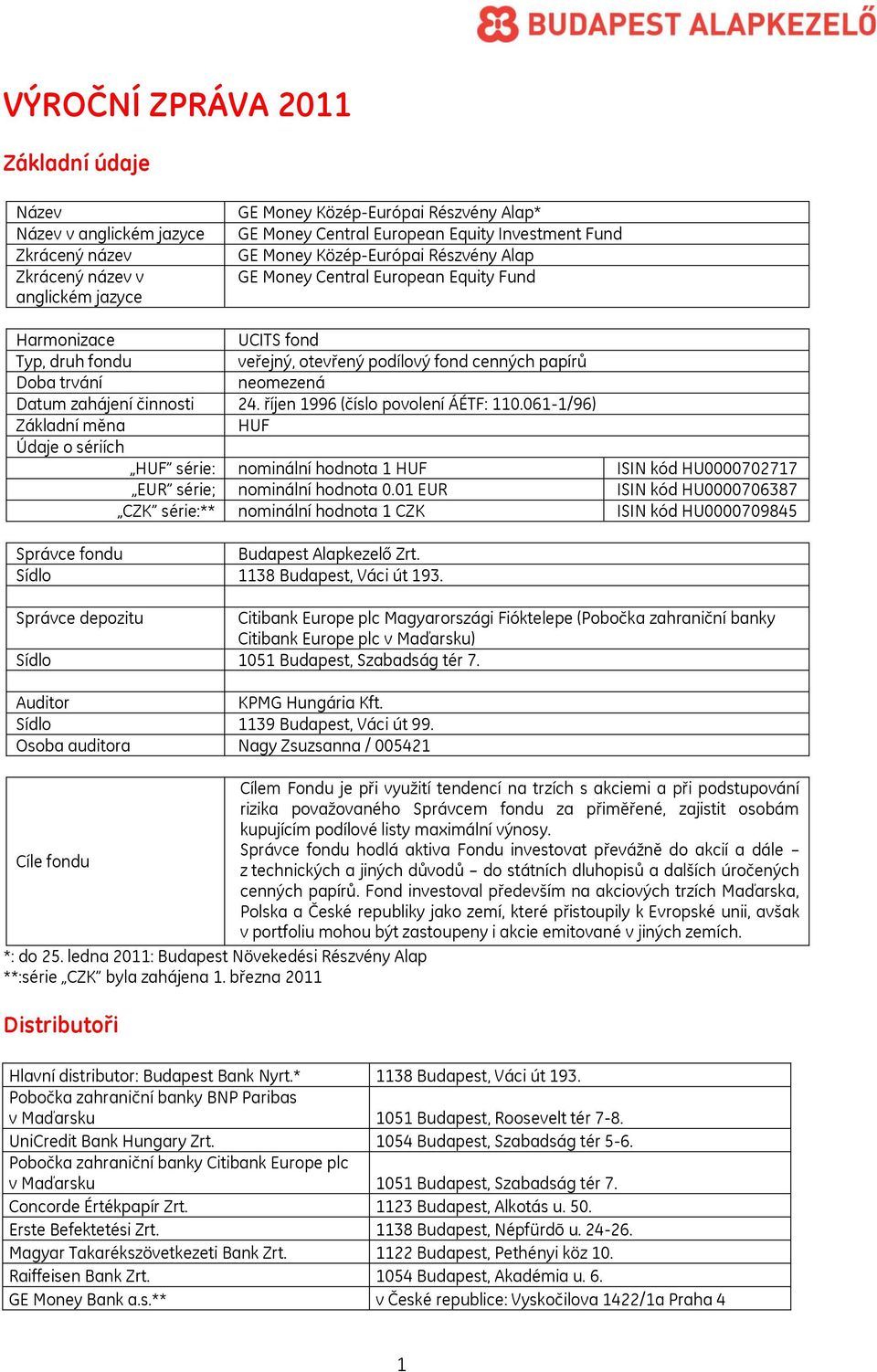 zahájení činnosti 24. říjen 1996 (číslo povolení ÁÉTF: 110.061-1/96) Základní měna HUF Údaje o sériích HUF série: nominální hodnota 1 HUF ISIN kód HU0000702717 EUR série; nominální hodnota 0.