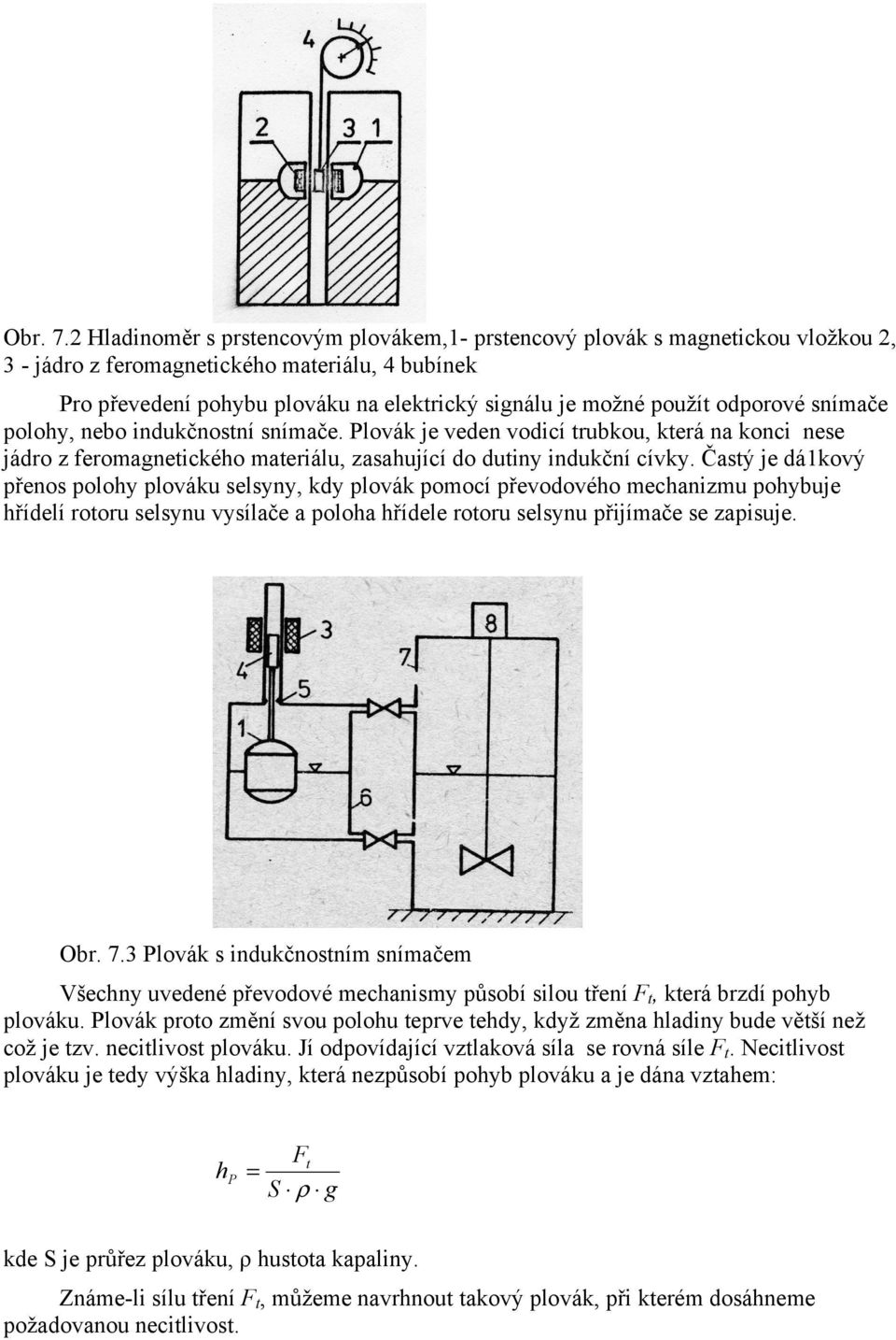 odporové snímače polohy, nebo indukčnostní snímače. Plovák je veden vodicí trubkou, která na konci nese jádro z feromagnetického materiálu, zasahující do dutiny indukční cívky.