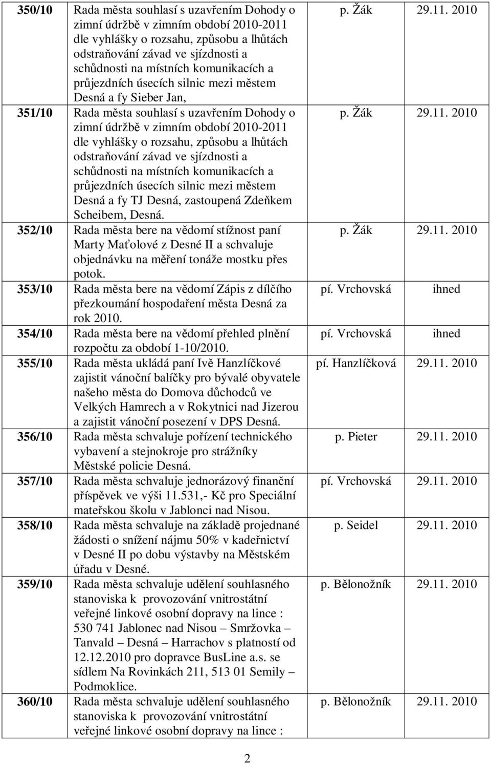 353/10 Rada m sta bere na v domí Zápis z díl ího ezkoumání hospoda ení m sta Desná za rok 2010. 354/10 Rada m sta bere na v domí p ehled pln ní rozpo tu za období 1-10/2010.