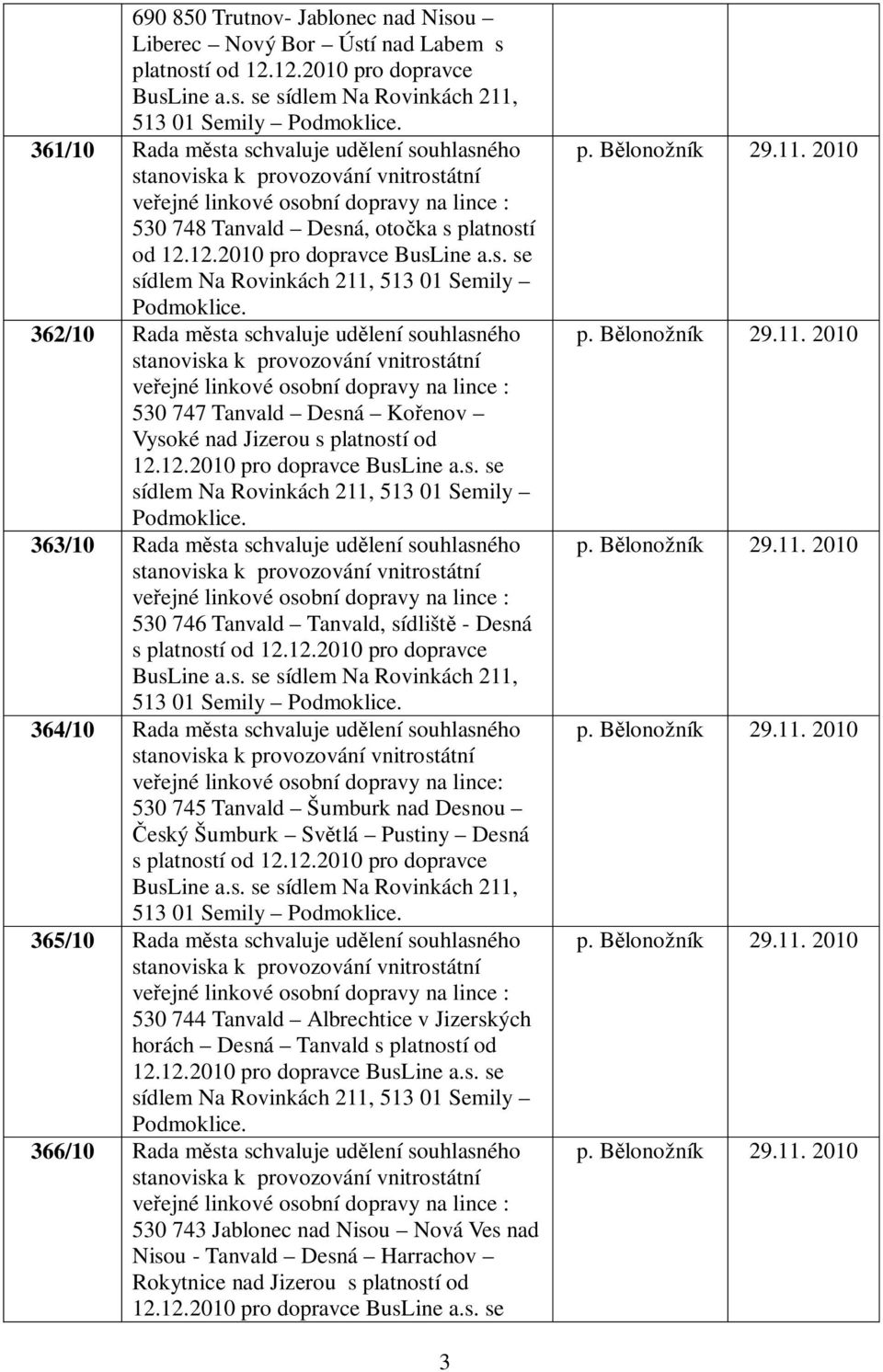 Ko enov Vysoké nad Jizerou s platností od 363/10 Rada m sta schvaluje ud lení souhlasného 530 746 Tanvald Tanvald, sídlišt - Desná s platností od 12.